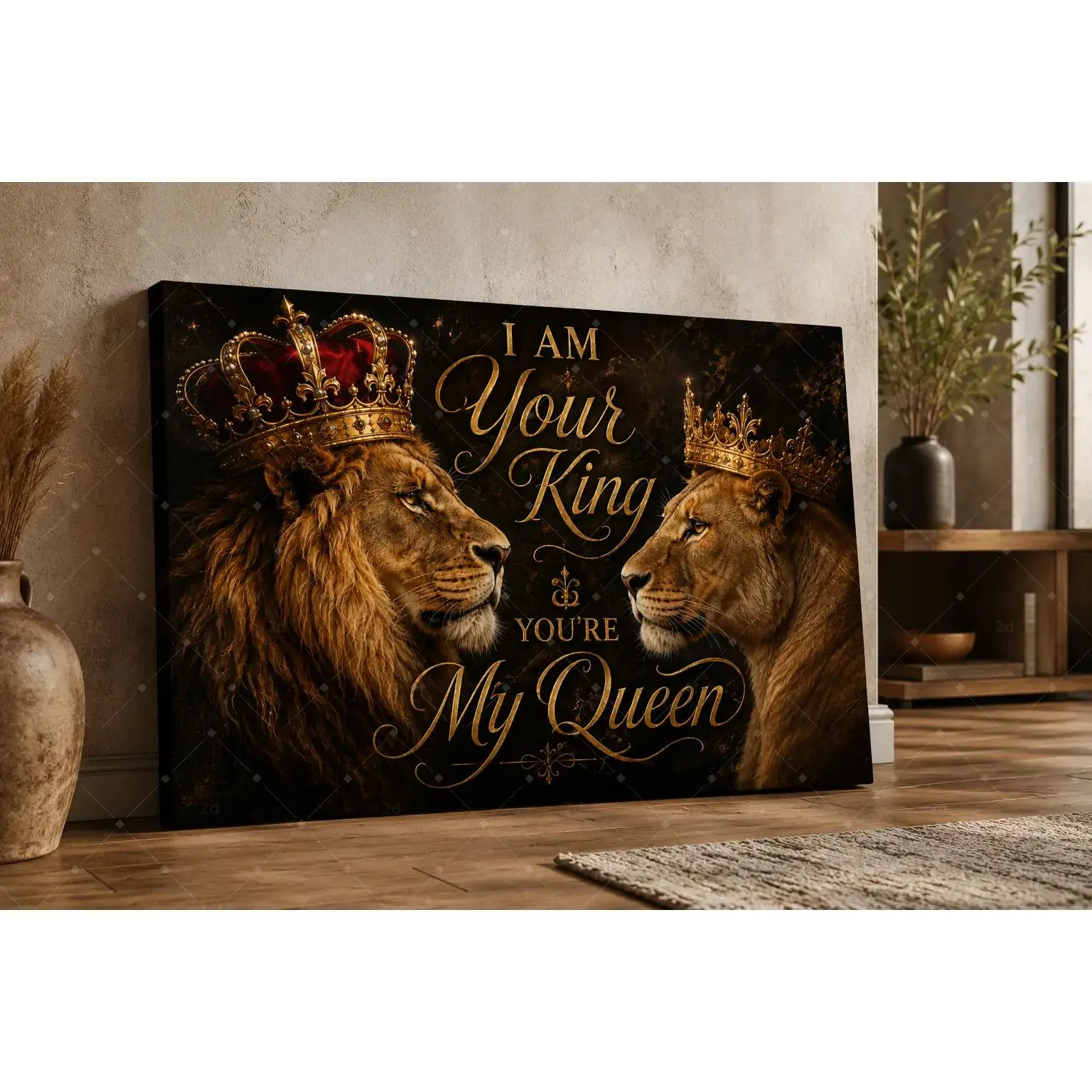 Royal Lion Couple Canvas Wall Art, King Queen Love Quote Poster Print, Black Gold Romantic Animal Decorative Poster for Bedroom Living Room Anniversary Gift Decor, Unframed Poster or Framed Canvas Wrap