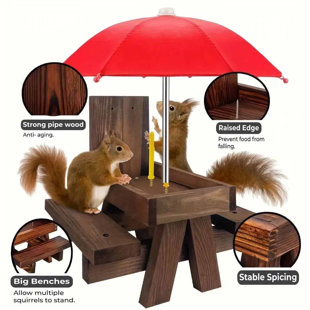Recycled Wood Squirrel Feeder with Umbrella, Weatherproof Outdoor Table Corn Holder, Wildlife Feed for Garden and Yard, Durable Design, Fun Decor