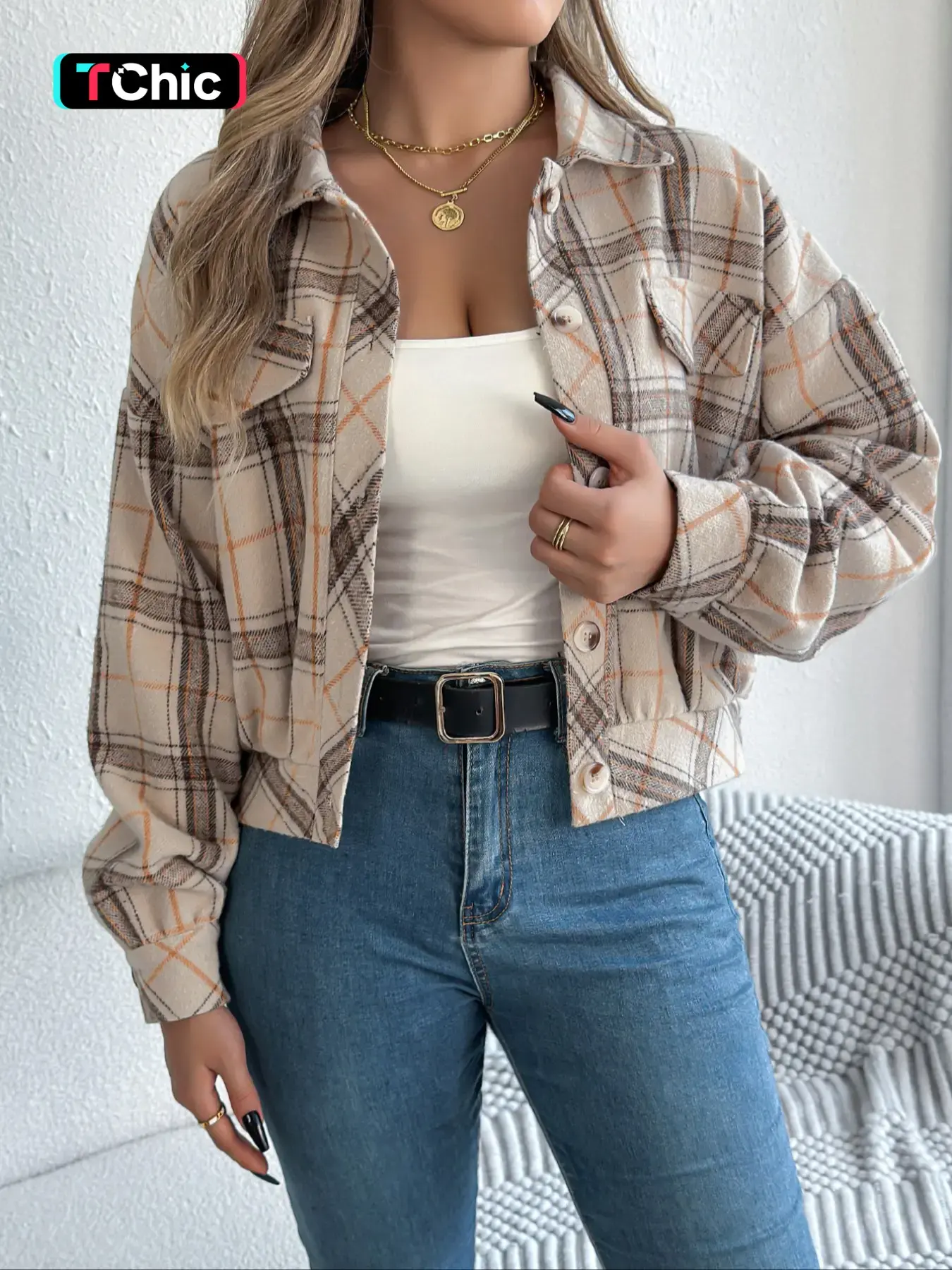 Women's Plaid Print Button Front Drop Shoulder Jacket, Casual Long Sleeve Collared Outerwear for Fall & Winter, Ladies Clothes for Daily Wear