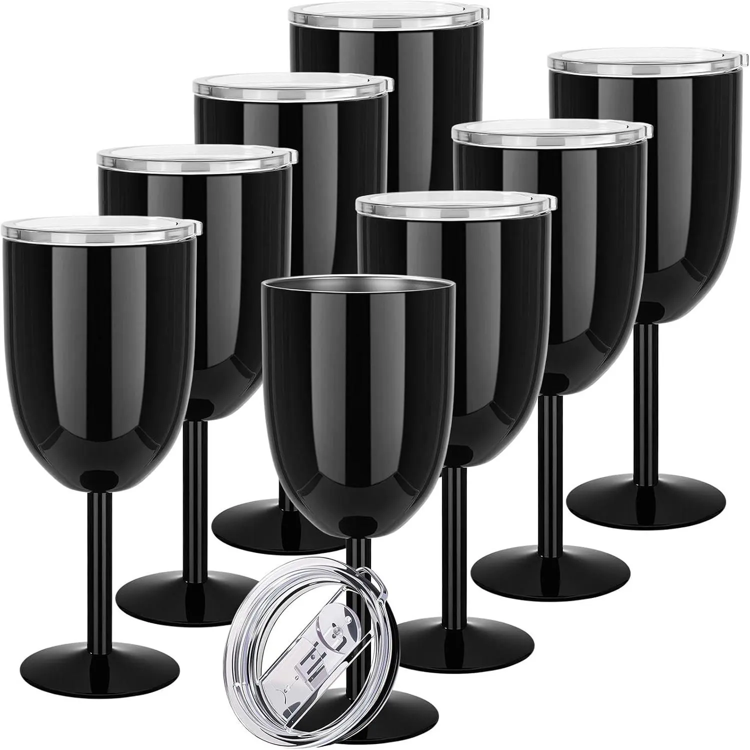 8 count Stemmed Stainless Steel  Glasses, 12 oz Stainless  Goblet with  Double Wall Insulated Unbreakable Goblets Insulated Stem Tumbler for Friendship Birthday Party (Black)