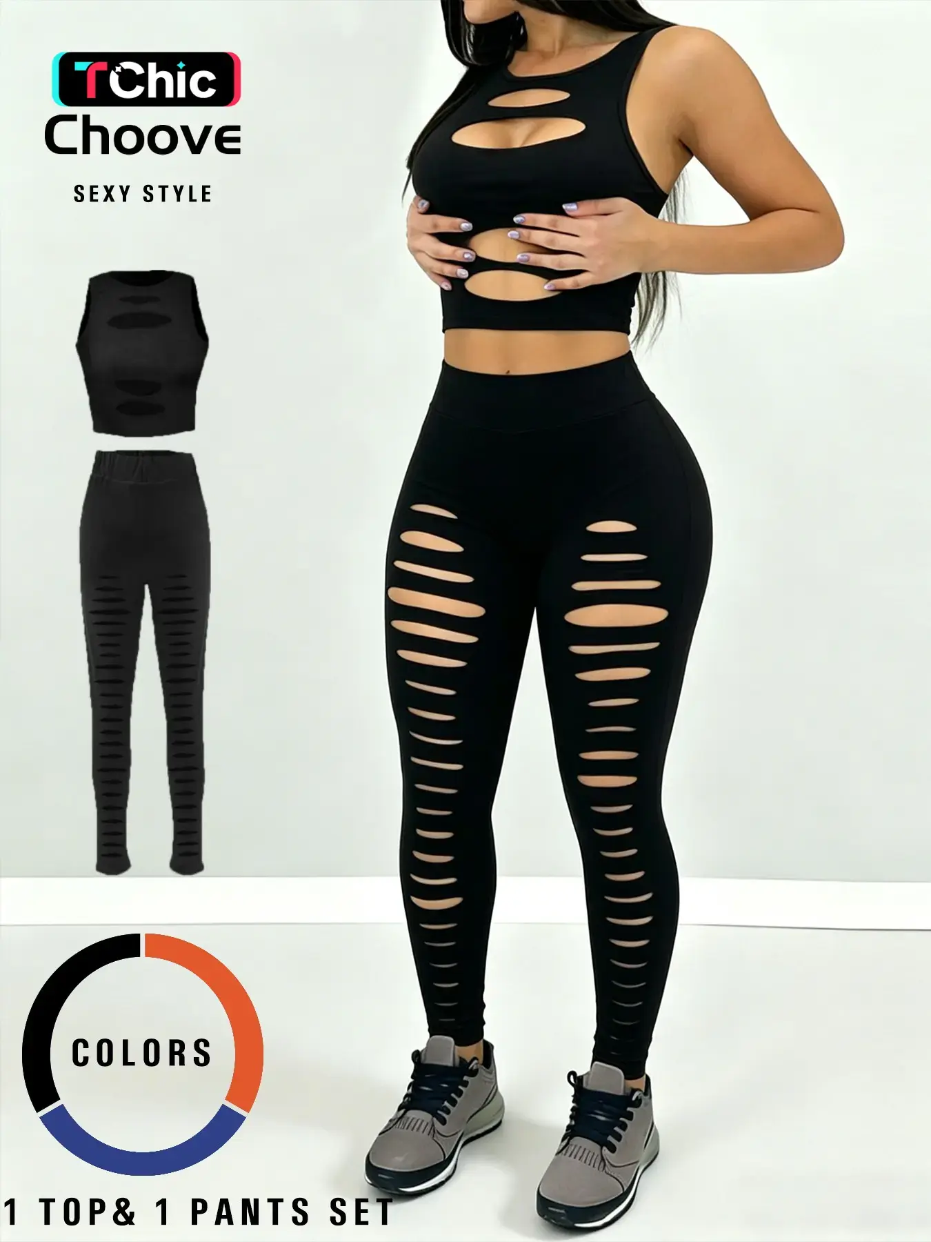 Women's Sexy Hollow Out Sleeveless Crop Top and High Waisted Leggings Pants, Fitted Matching Set, High Stretch Fabric, Ripped Design, Casual All-Season Wear