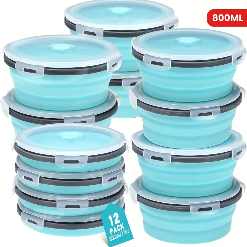 12 Pack Collapsible Silicone Food Containers 27.05oz Round Microwave Safe Foldable Bowls for Camping Hiking Freezer Dishwasher Safe Kitchen Storage Camping Kitchenware