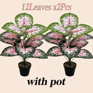 2 Pcs Artificial Plants, 12 Leaves Each, Colorful Elephant Ear, Nordic Style Floor Planter, Home Living Room Decor, Wedding