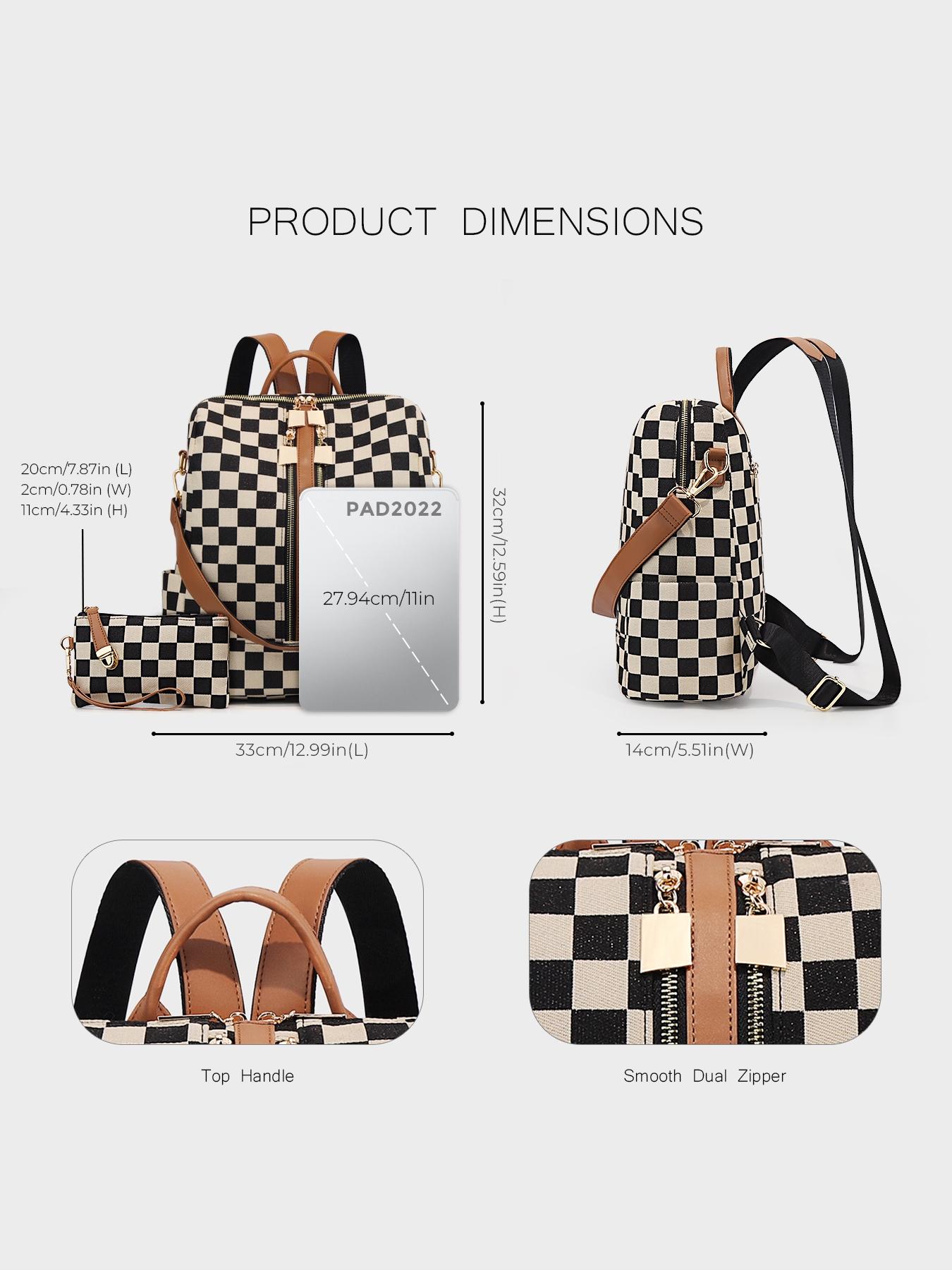 Checkerboard Pattern Checkered Print Backpack Set, Women'S Fashionable Vintage Trendy Casual Durable Lightweight Large Capacity Zipper Travel Backpack & Wristlet, Multifunctional Bag Set For Daily Use