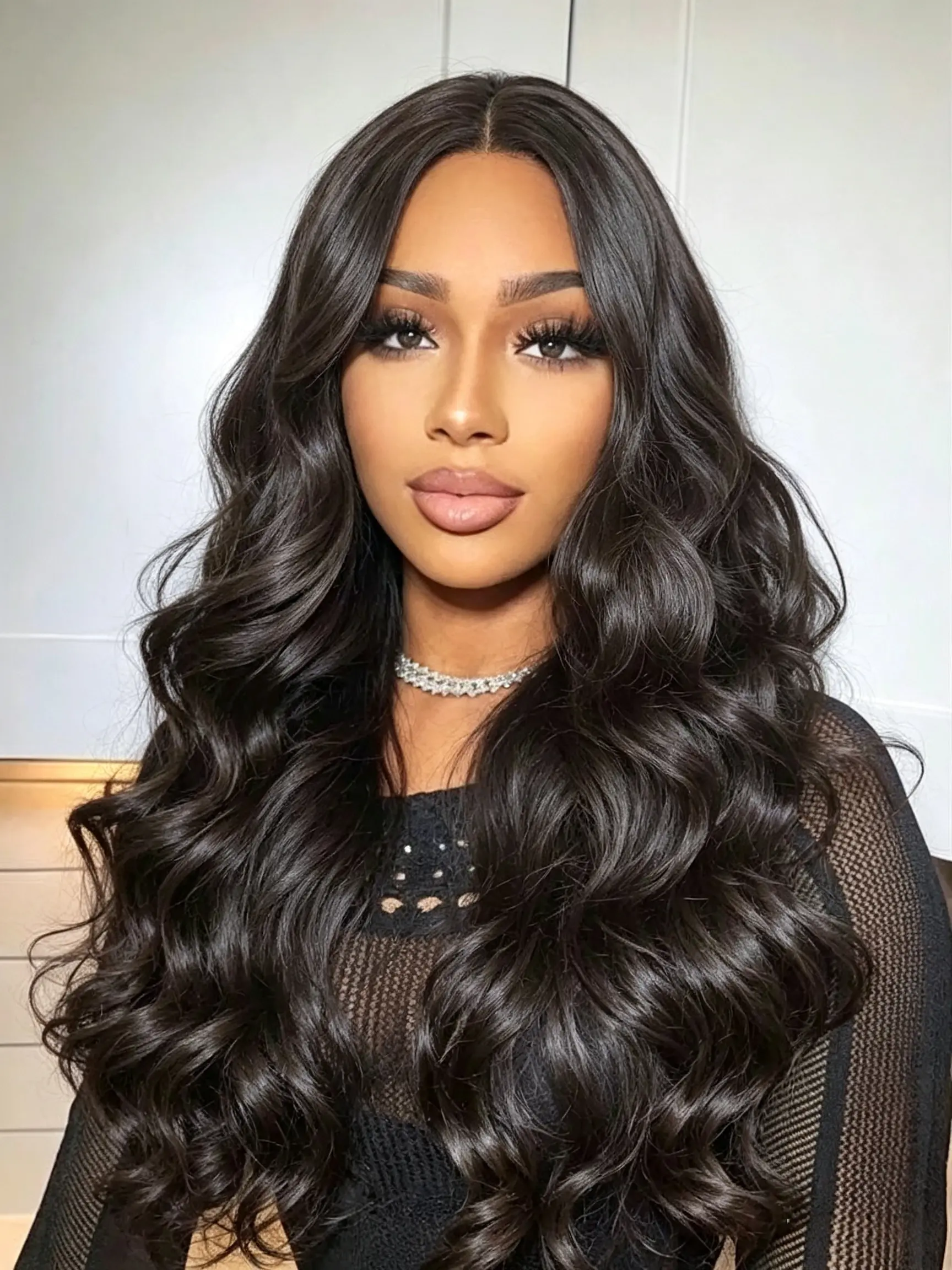 24Inch Full Machine Made Wig Body Wave Natural Black Middle Part Soft Tangle-Free Breathable Cap High Volume Minimal Shedding Adjustable Trim-Friendly for Daily Party Vacation Cosplay Beginners