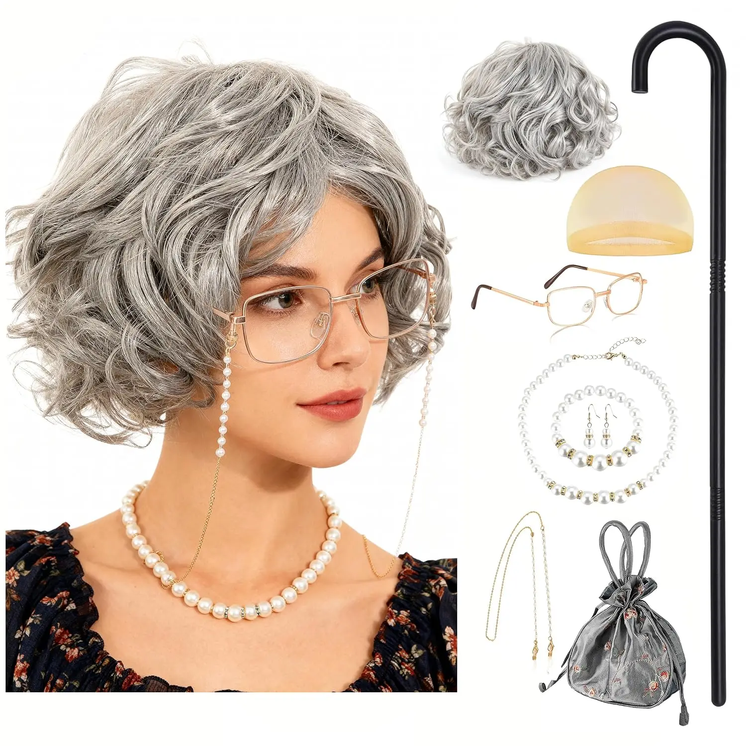 Old Lady Costume for Women Granny Grey Wig Adult Outfit for Woman Old Grandma Costumes