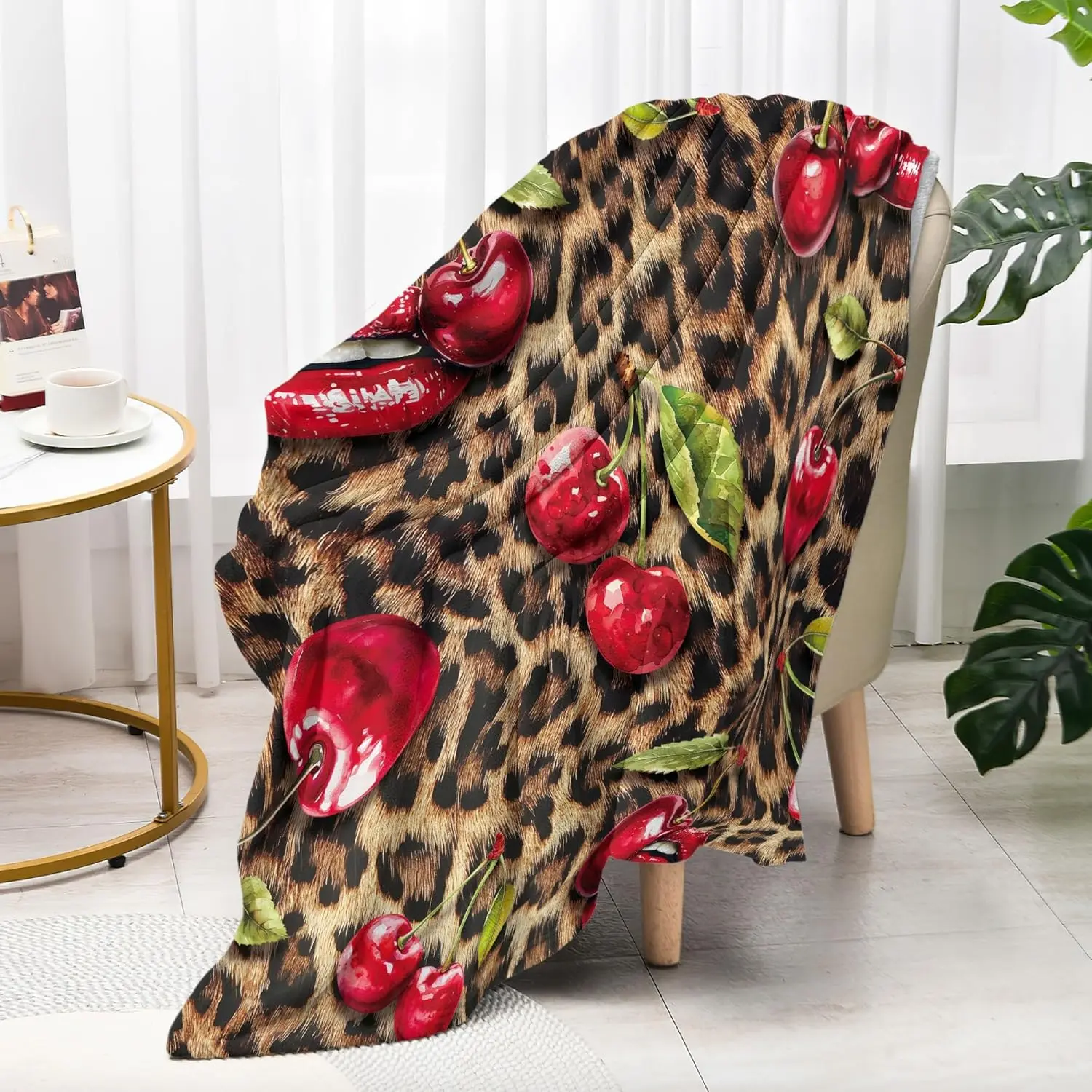 Leopard Print Cheetah Cherry Lips Black Throw Blanket Gifts for Kids 51x59 |   Wildlife Brown Soft Cozy Flannel Blankets for All Seasons Sofa Couch Chair