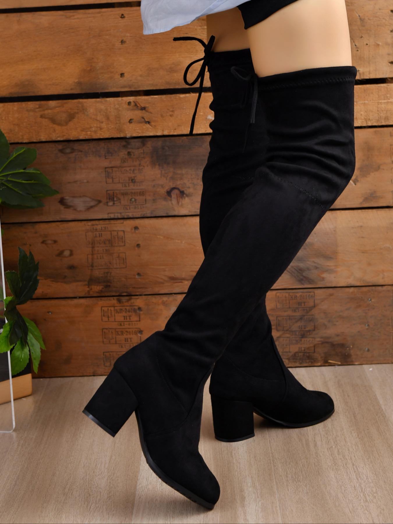 Elegant Solid Color Mid-Heel Over-the-Knee Boots, Fashionable Warm and Comfortable Boots for Fall & Winter, Trendy All-Match Thick-Heeled Boots for Daily Wear, Footwear