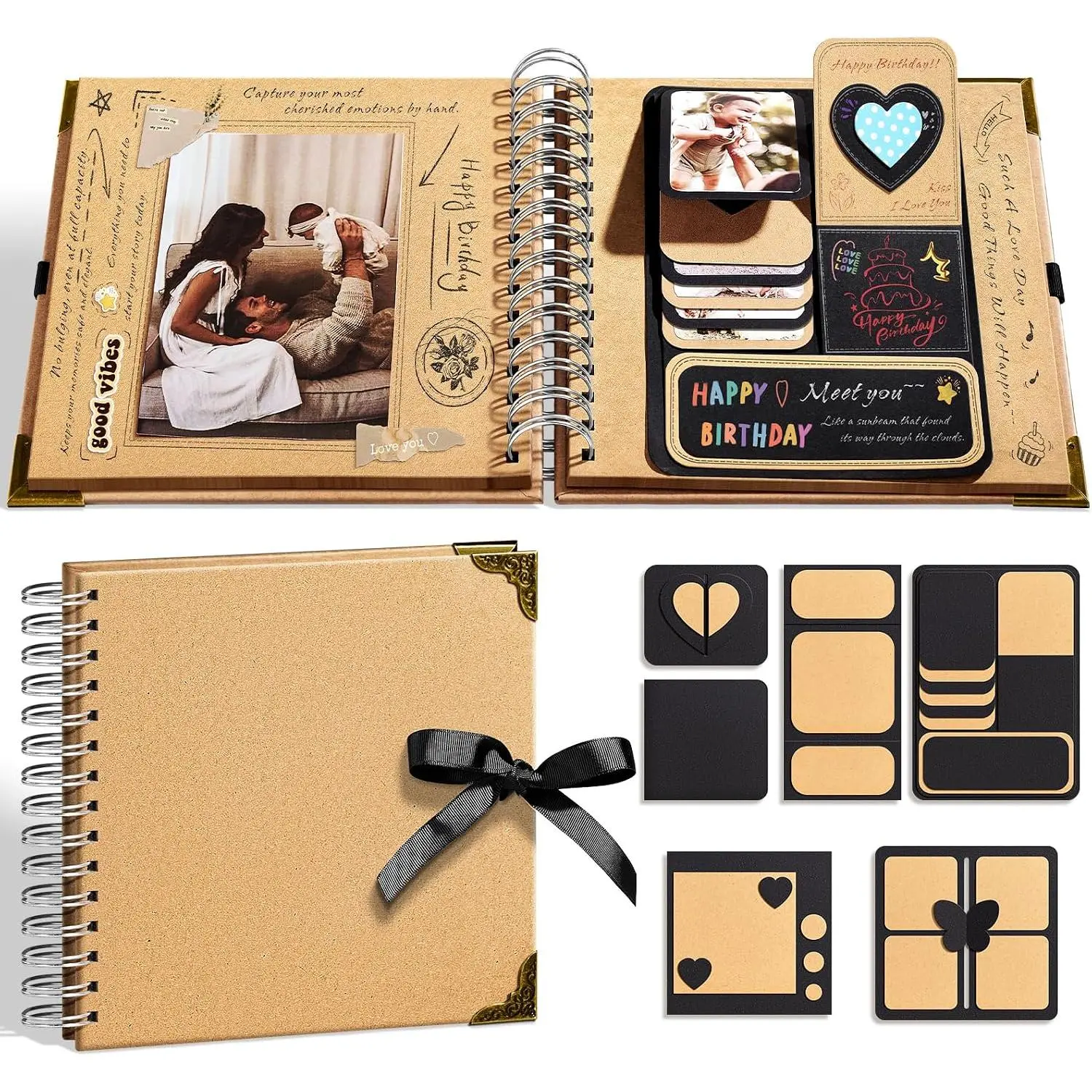 8x8 Scrapbook Kit, Photo Album DIY Scrapbook with 40 Pages Thick 250gsm  Paper, Metal Corner Protectors,  Interactive  & Glue Pen for Wedding, Anniversary & , Brown