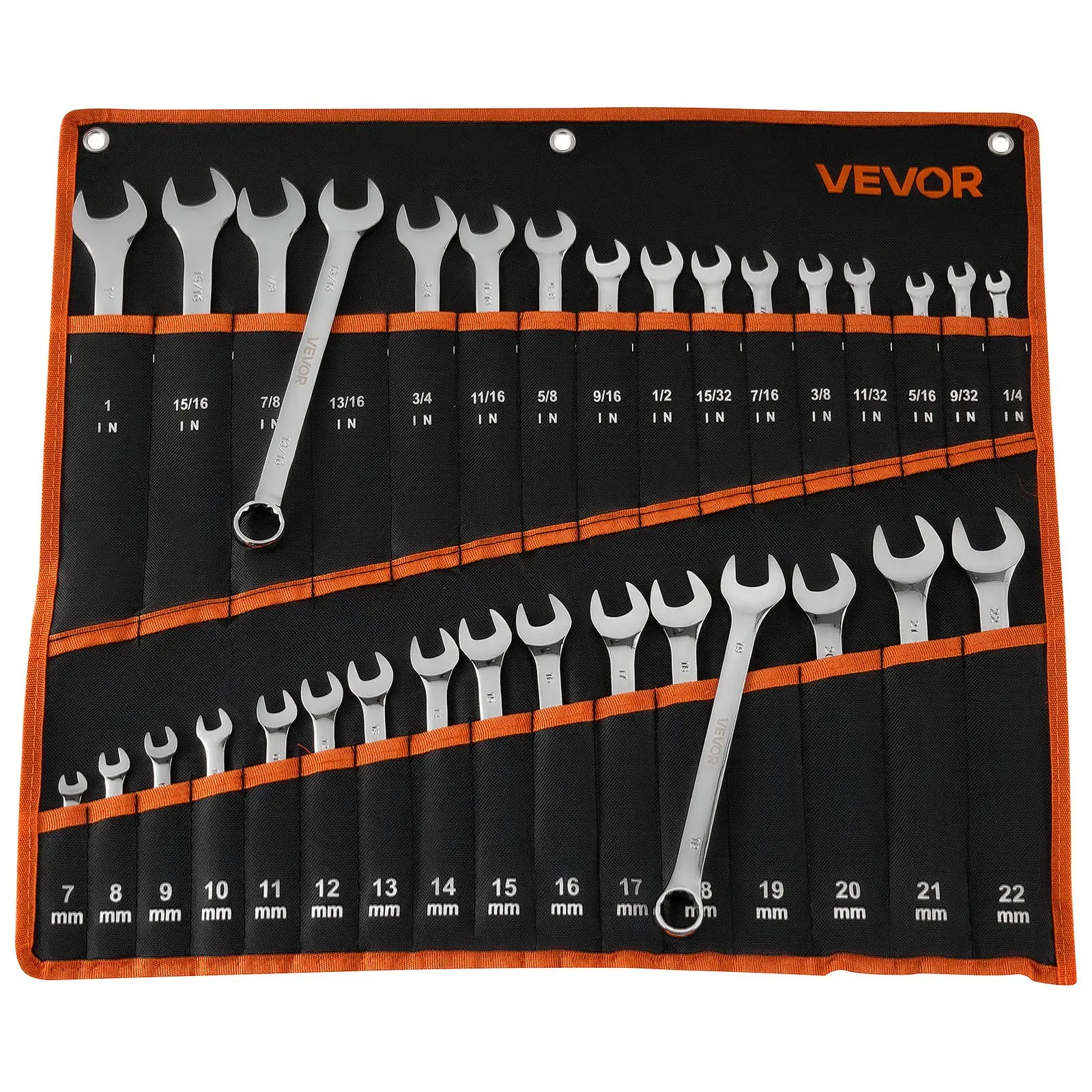 VEVOR 32-Piece Combination Wrench Set - SAE 1/4"-1" Coverage, Metric 7-22mm, 12-Point Ends, 15° Angled Open End, Rustproof Carbon Steel, Roll-Up Pouch, 3.5kg/7.72lbs, Tools for Mechanics, Home Fix Solutions, Mechanic Stuff