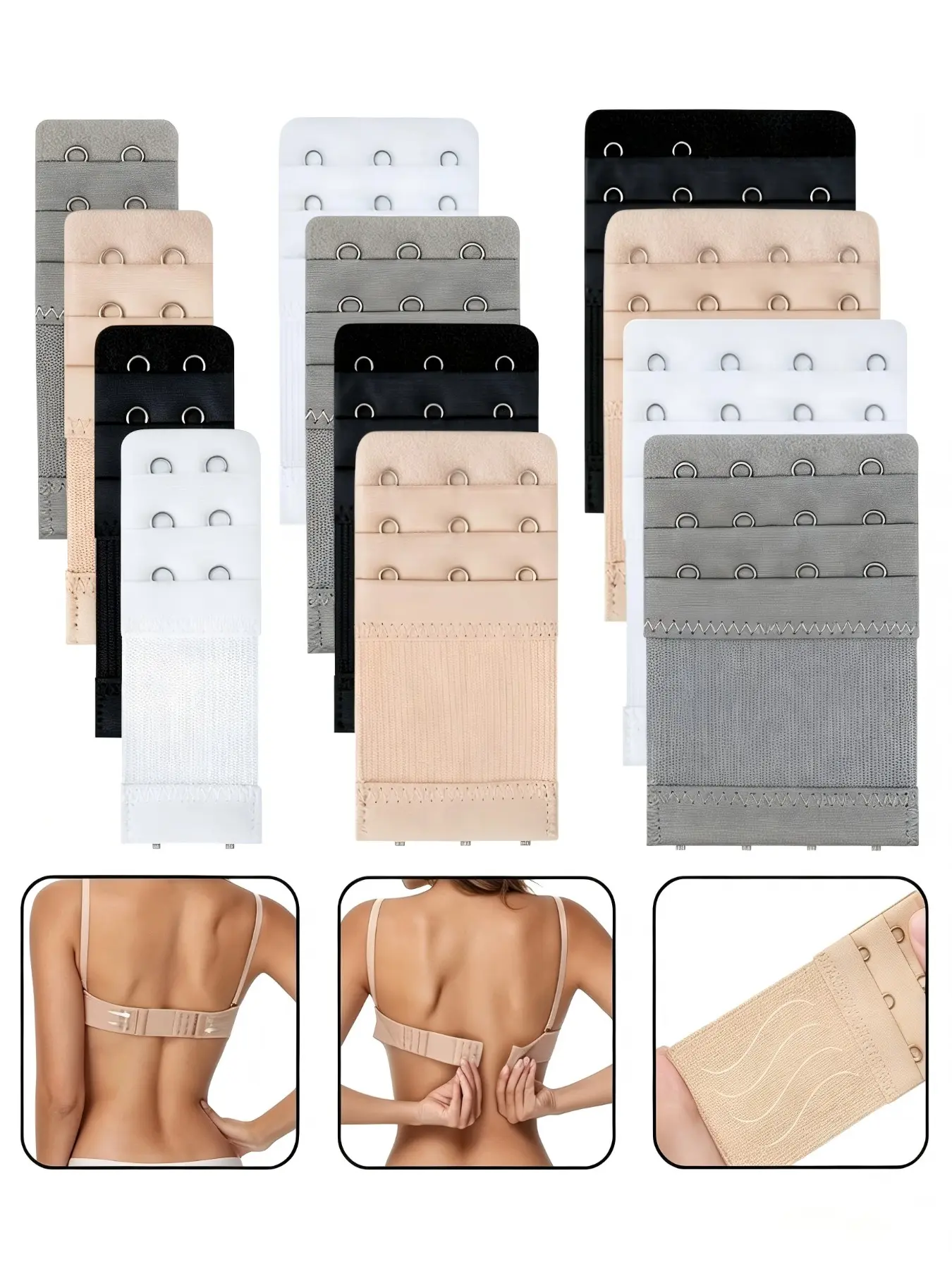 12pcs Elastic Bra Buckle, Underwear Extension Buckle, 2/3/4 Hook Buckle, Adjustable Back Bra Buckle, Bra Extension Hook, Women's Bra Extender, Bra Accessories