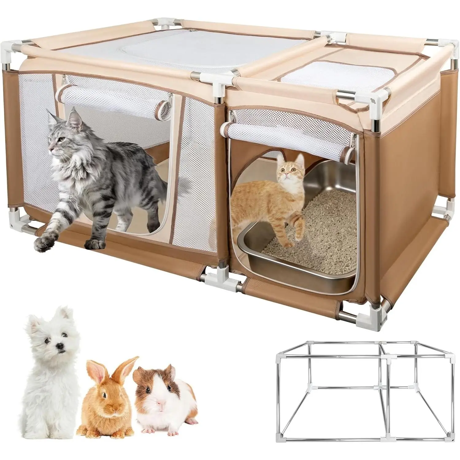47.2"x30.1"x23.6" Sturdy Stainless Steel Frame Cat Playpen, 2-in-1 Large Cat Tent with Play & Litter Areas for Indoor Cats, Breathable Mesh Kitten Playpen with Removable Bottom Pad for Easy Cleaning