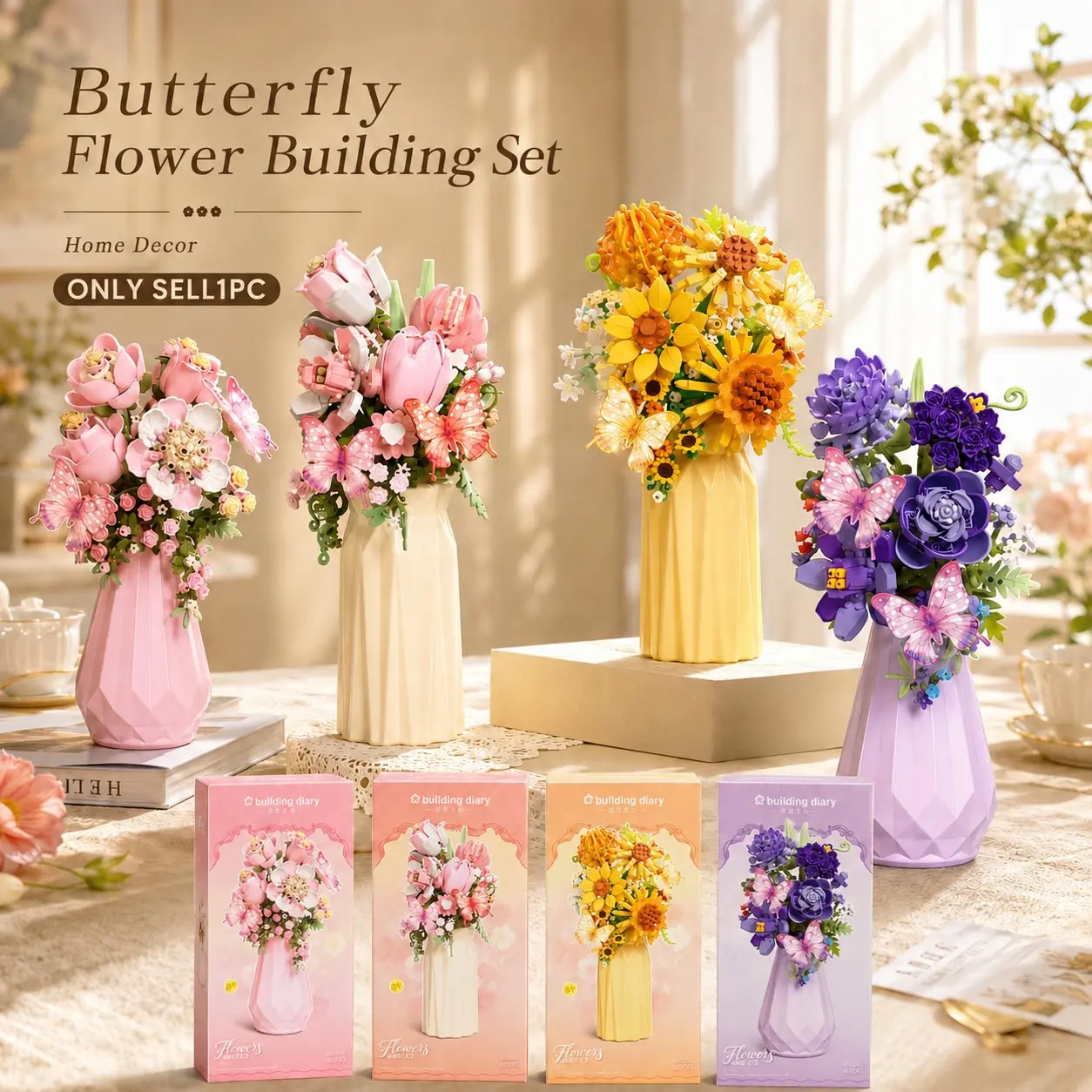 Butterfly Floral Block Vase Decor, Mother's Day Teacher's Day Gift, Creative Puzzle Toy, DIY Home Decoration, Flower Building Set, Birthday Present for Girls