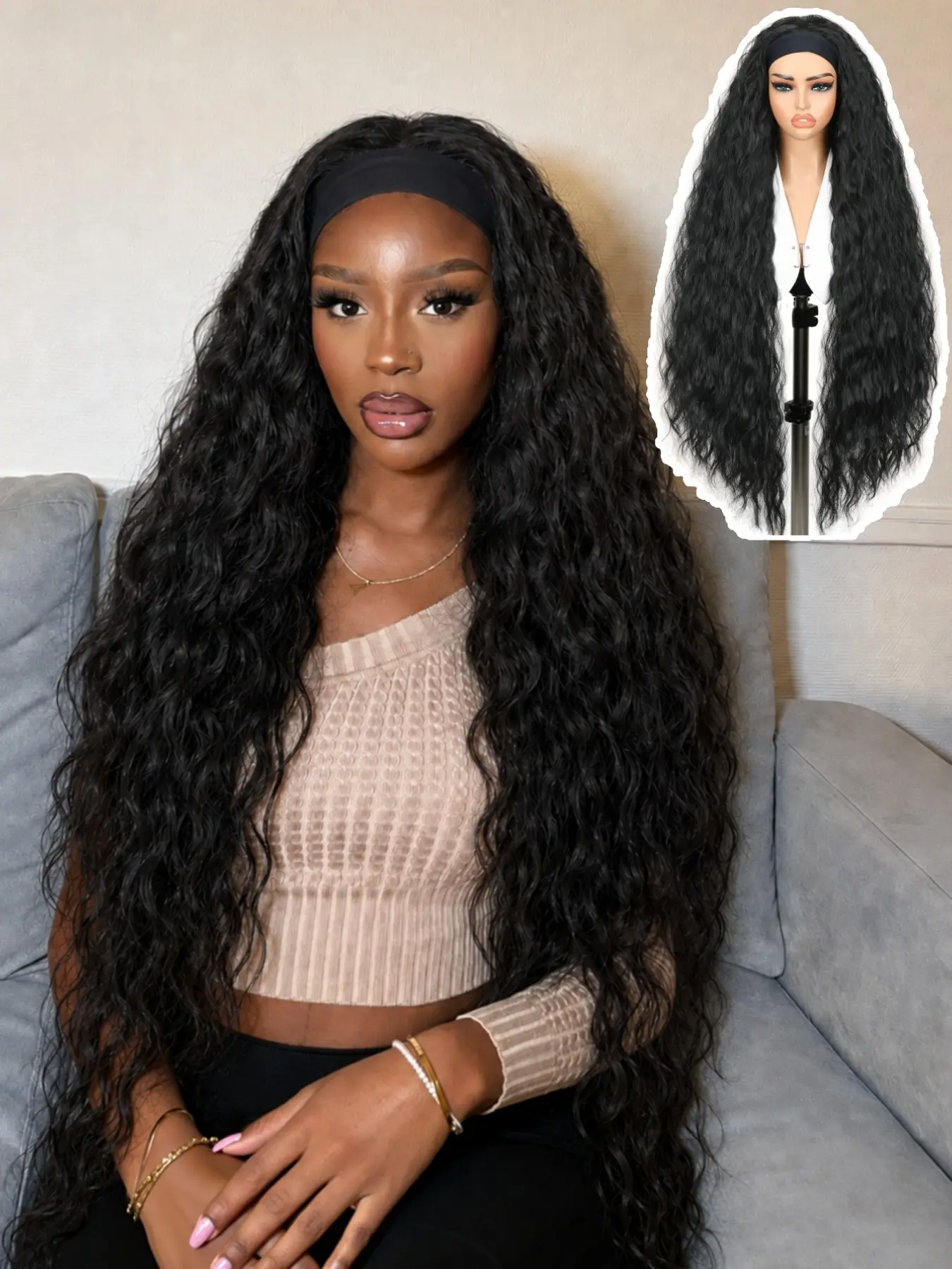 Super Long Wavy Headband Wigs for Women, Glueless Synthetic Hair, No Lace Front, Daily Use & Cosplay, Premium Synthetic Wigs, Extra Long Curly Wigs