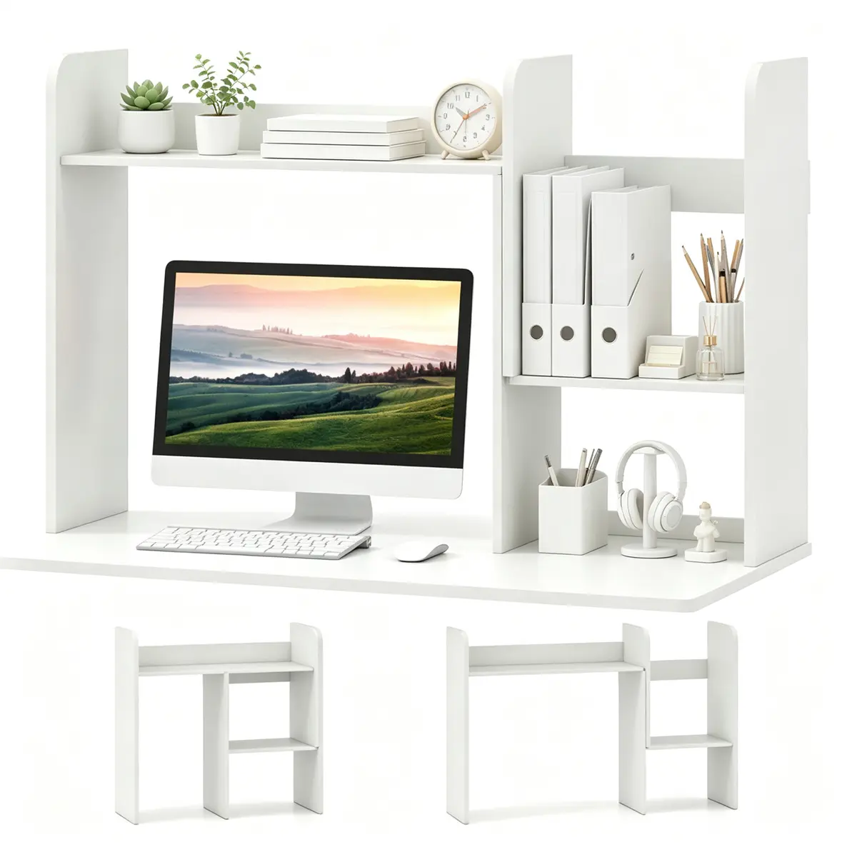Expandable Desktop Bookshelf Organizer, 26"-38" Adjustable Length Countertop Storage Hutch with Anti-Toppling Design, Engineered Wood Desk Shelf for Office Home Decor - White