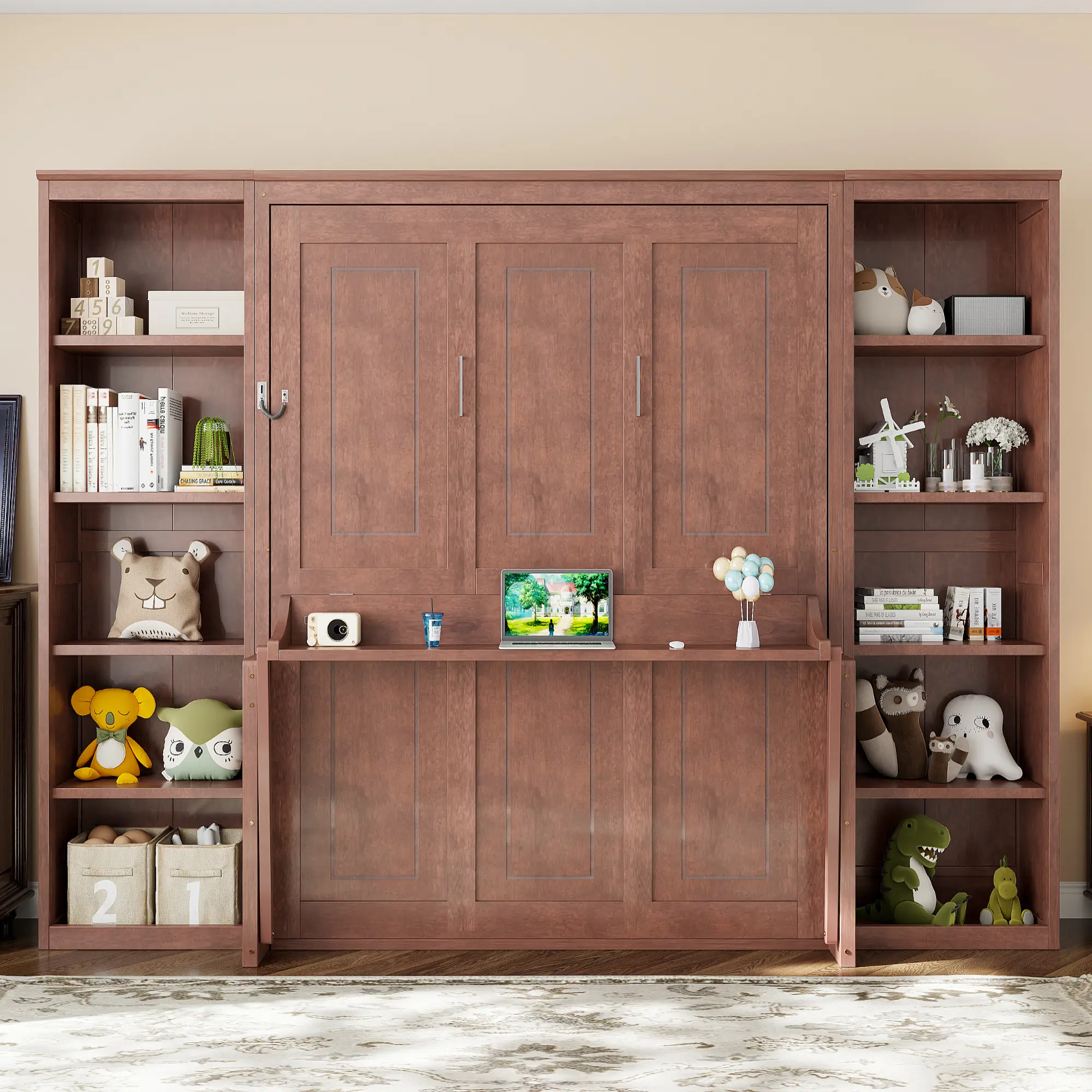 Nokaa Queen Size Murphy Bed with Desk and Bookshelf, Dark Brown Solid Wood+MDF Wall Bed, Space-Saving Folding Bed for Bedroom, No Box Spring Needed, Combo Unit