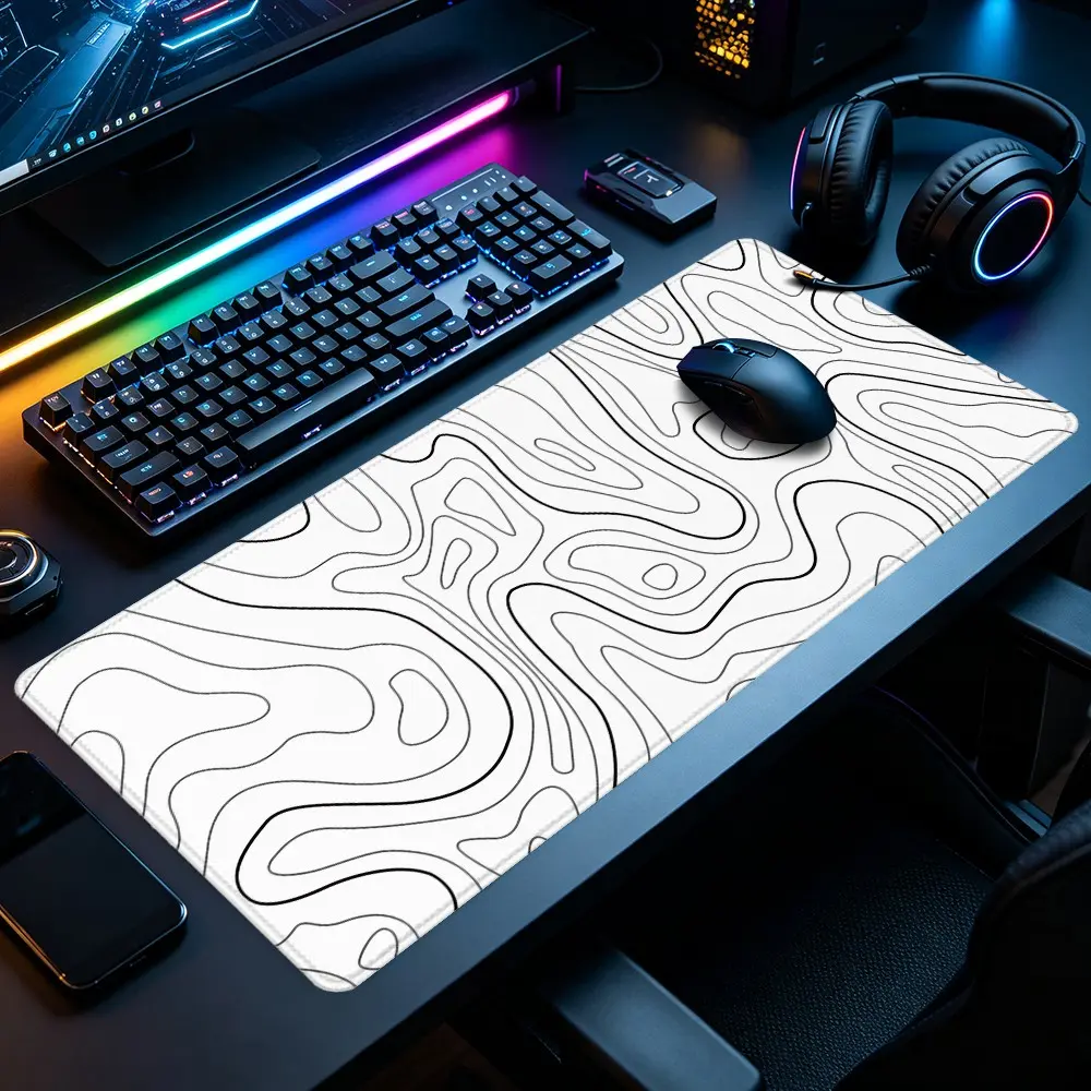 White Black Topographic Contour Line Large Gaming Mouse Pad, Abstract Mountain Line Art Extended XXL Desk Mat with Stitched Edge & Non-Slip Rubber Base, Suitable for Office, Gaming, Study Desks, Computer Desk Accessories