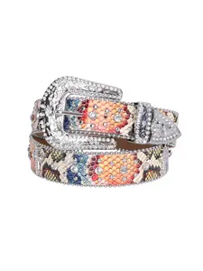Vibrant Multicolor Snake Skin Studded Cross Belt, Rainbow Snakeskin Print Rhinestone Cross Western Belt, Y2K Gothic Cowboy Waist Strap, Cross Buckle Belt