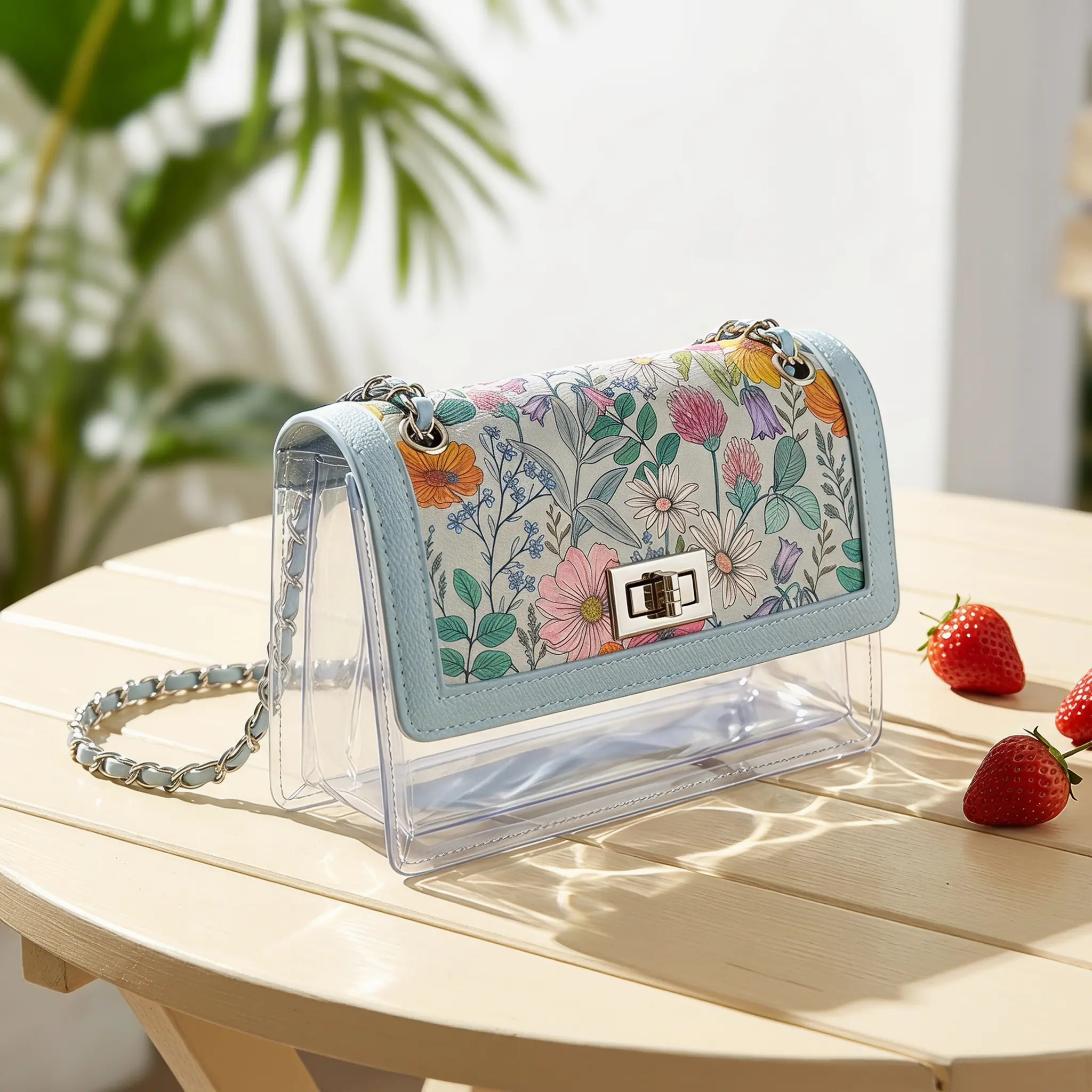 Cute Transparent  For Summer 2025 Clear PVC Shoulder  With Strawberry Print Chain Strap Small Crossbody  For Women Sweet Floral Style Everyday Essential
