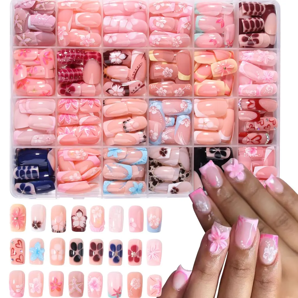 576pcs Short Square French Press-On Decorative Nails, 3D Gel Flower Peony Nail Art with Polka-Dot and Leopard Patterns, Acrylic False Nail Set