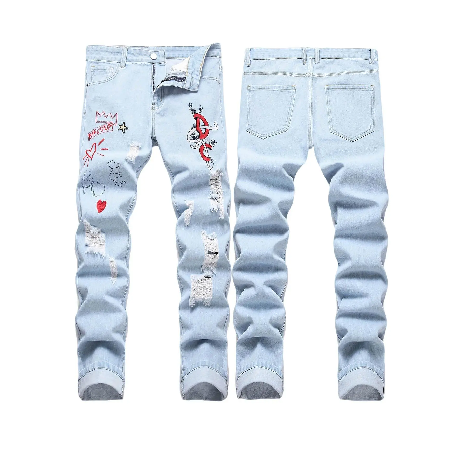 Men's Faded Light Wash Graffiti Ripped Hem Fitted Slim-Street-Style Casual Denim Jeans, Faded Light Wash Ripped Hem Men's Jeans, Fitted Fit Men's Jeans