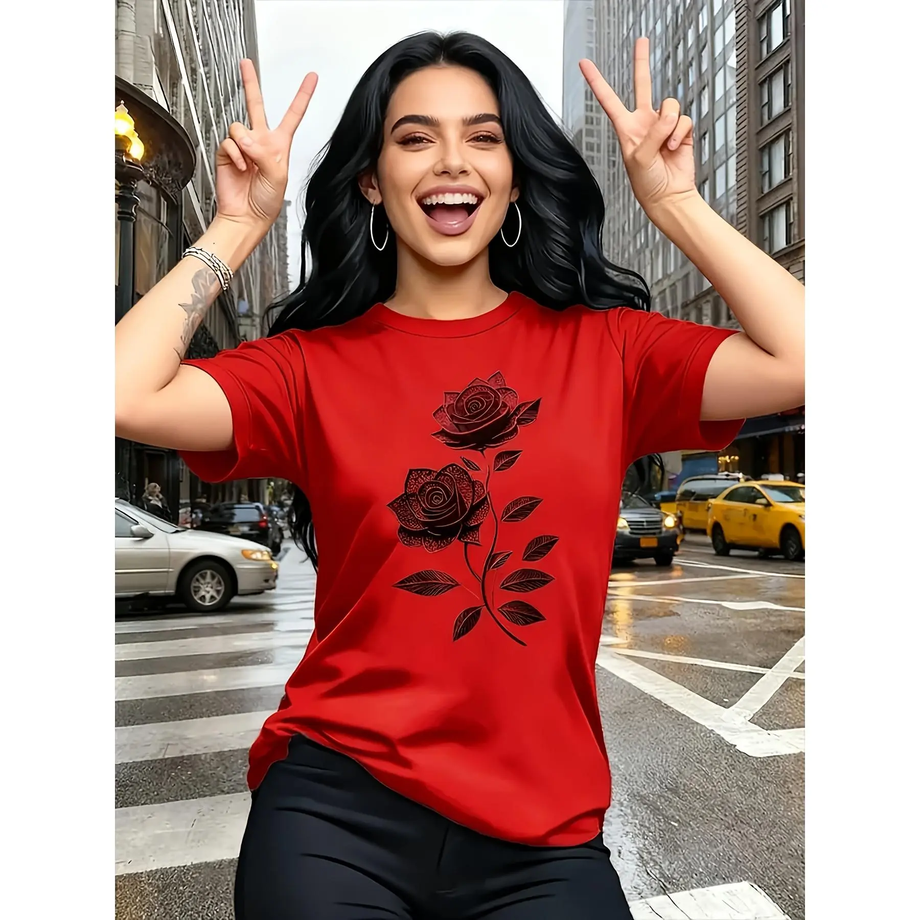 Elegant Women'S T-Shirt | Unique Rose Pattern - Casual Crew Neck Top | Breathable, Lightweight, Perfect for Spring And Summer Wardrobe