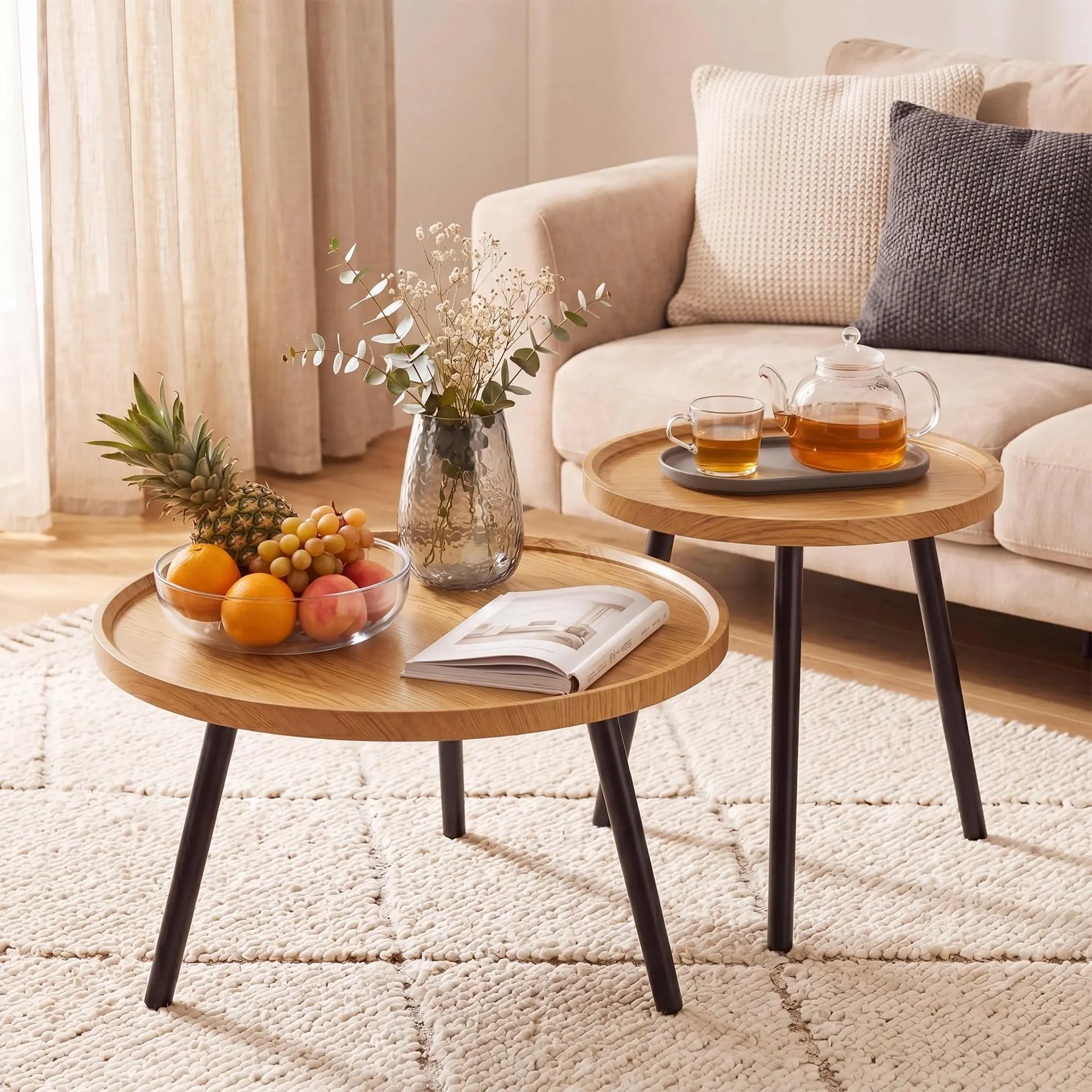 2 Pcs Mid Century Modern Coffee Table Round for Living Room,Easy Assembly Nesting Coffee Tables,Minimalist Circle Walnut Coffee Table for Bedroom Office Balcony Yard