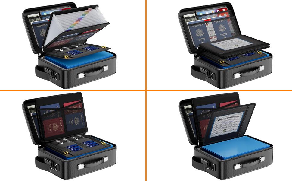 Fireproof Document Box with Lock and Shoulder Strap, Hard-Shell File Organizer with Accordion File Folder, Multi-Layer Portable Safe Storage for Important Documents and Laptop for Home Office and Travel