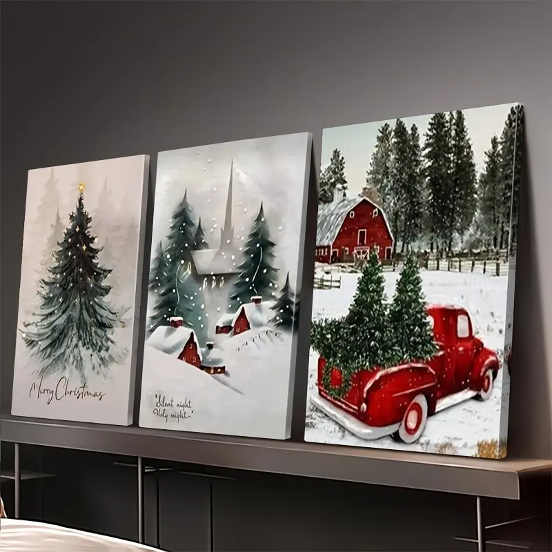 Artistic 2D Canvas Wall Art Set of 3 - Large Wood Framed Decorative Artwork, Red Truck, Snow Scene, Auspicious Letters - Farmhouse Modern Holiday Hanging Decor, Brownish-Red Wrapped Canvas, Indoor-Outdoor Triptych, Print, Farmhouse Art