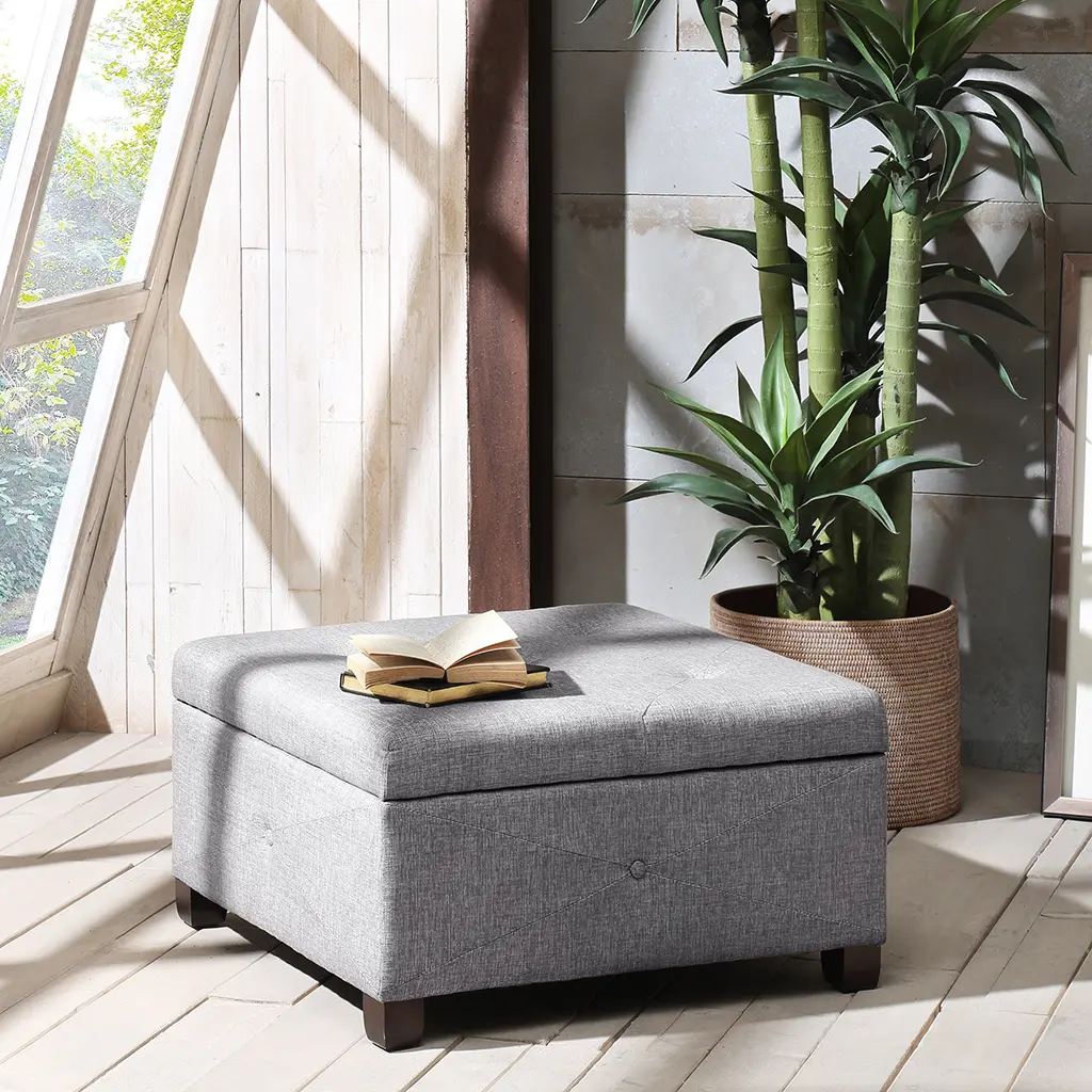 Nokaa Soft Close Upholstered Storage Ottoman with Lid Closure, Polyester Footrest Stool, Living Room Organizer for Hiding Blankets Toys Clutter, Sturdy Compact Easy-Clean Home Furniture, Charcoal