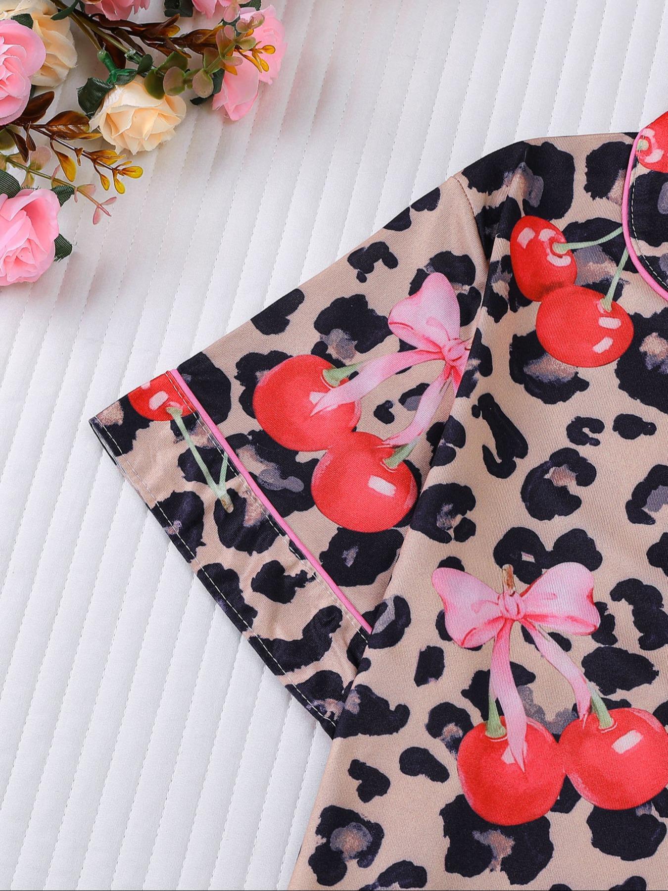 【Pink cherry】Women's Leopard Print Cherry Bow Sleepwear Set, Short Sleeve Button Front Top & Elastic Shorts, Casual Home Wear, Party