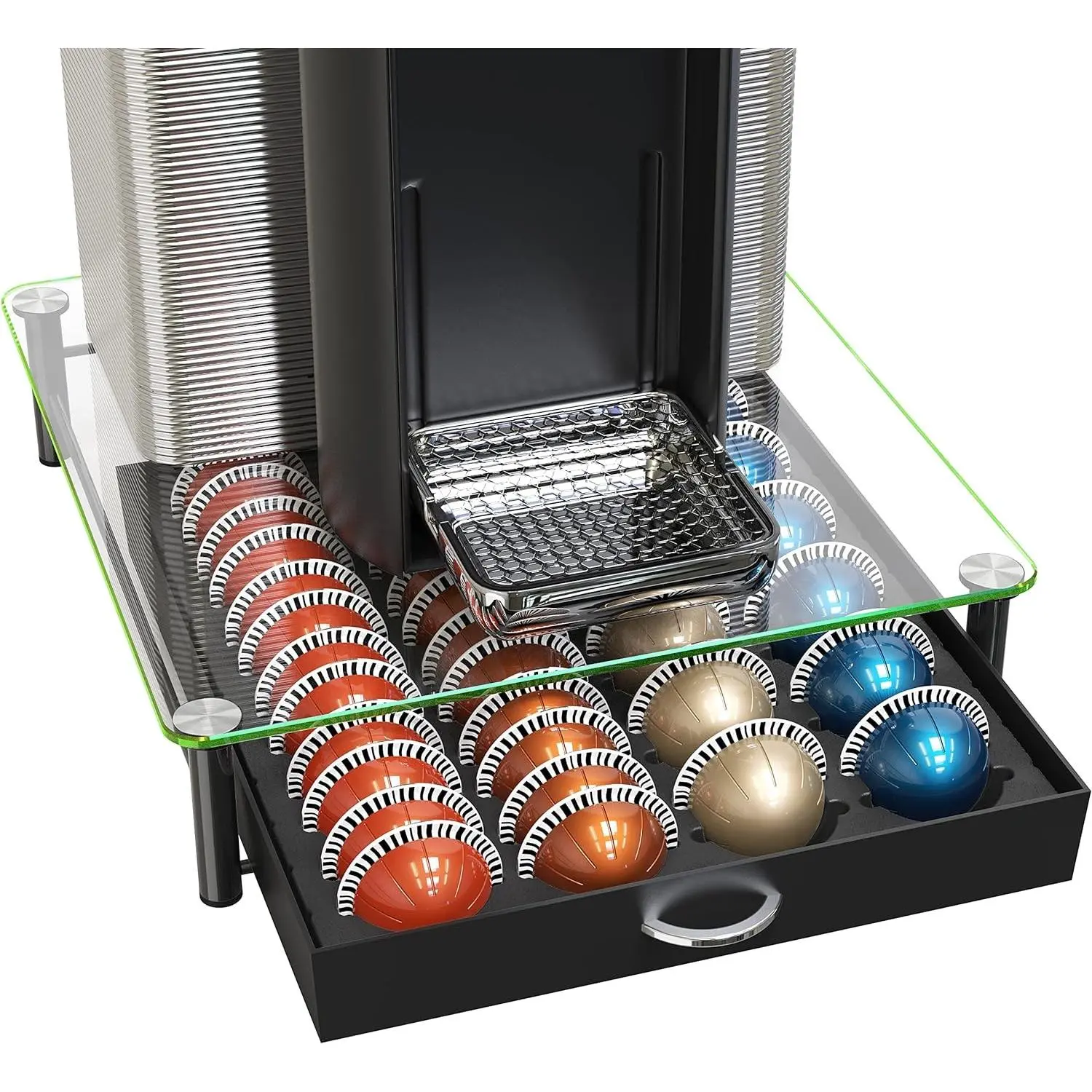 Crystal Tempered Glass Vertuo Pod Holder Drawer, 24 Large or 48 Small Nespresso Capsule Organizer