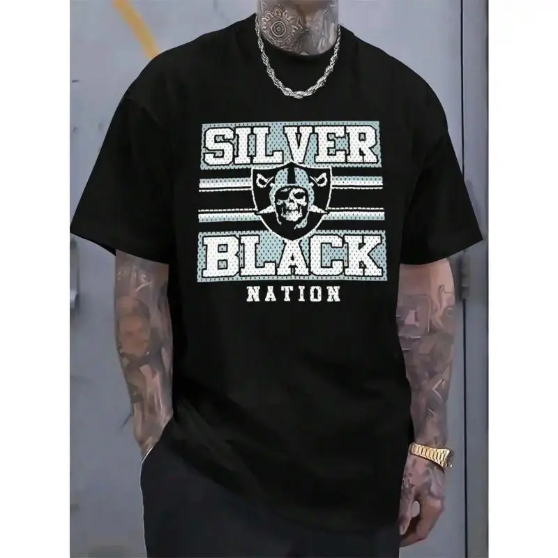 Men's Large Silver Black Raiders T-Shirt 100 Cotton Casual Crew Neck Graphic Tee Stretchy Fabric for Men Fashion Streetwear