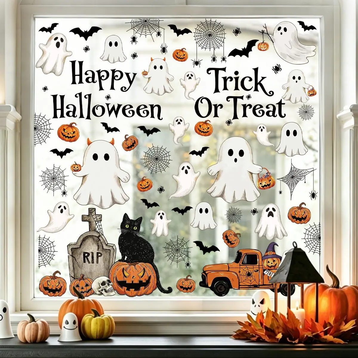 114pcs/6sheets Halloween Ghost Window Stickers, Window Decals, Pumpkin Bat Cat Truck Elements, Festival Party Glass Display Decorative Static Cling