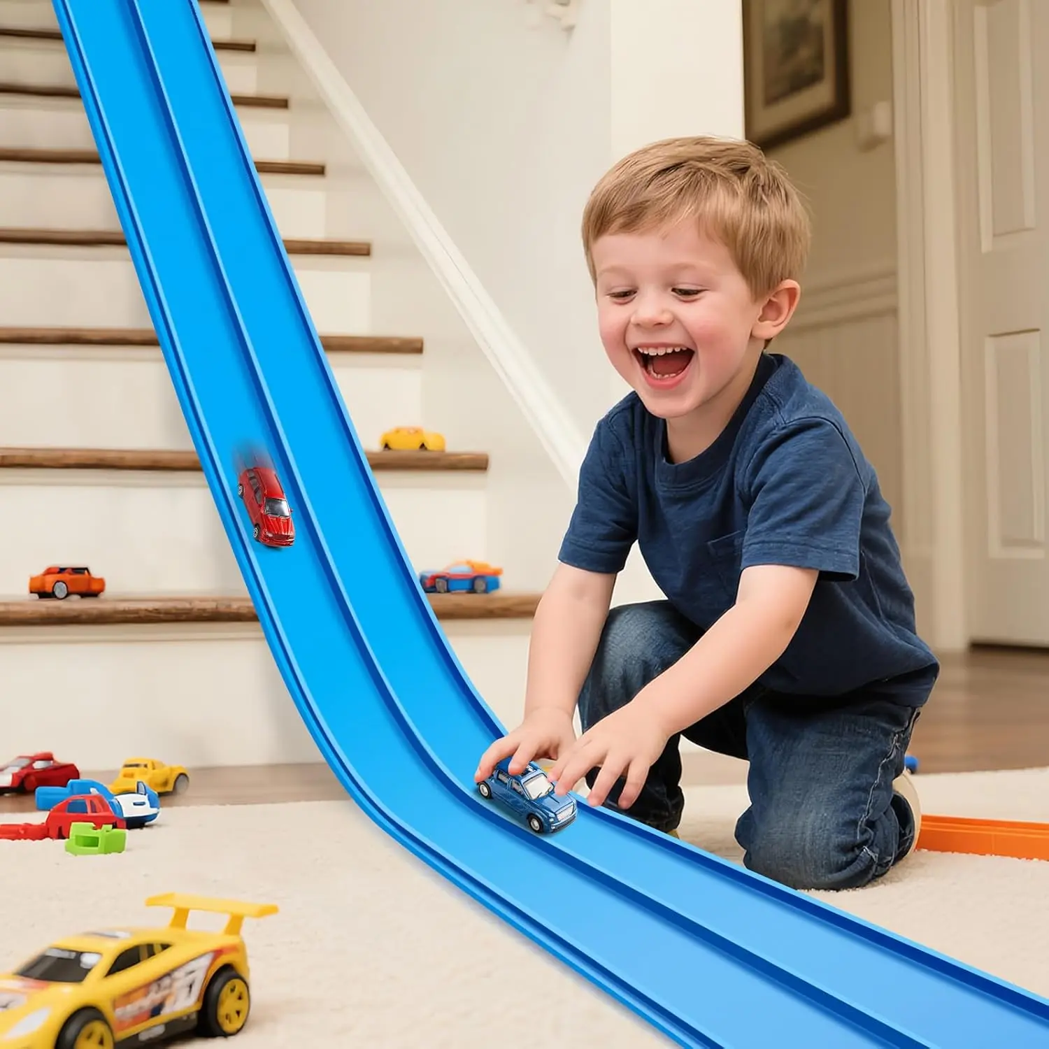 15 Ft Starter Set Flexible Race Track  Kids 3+, Flexible Car Track Race Car Ramp Track  with Diecast 1/64th Cars, Portable Rolls Up Race Tracks with Strong Suction Cups