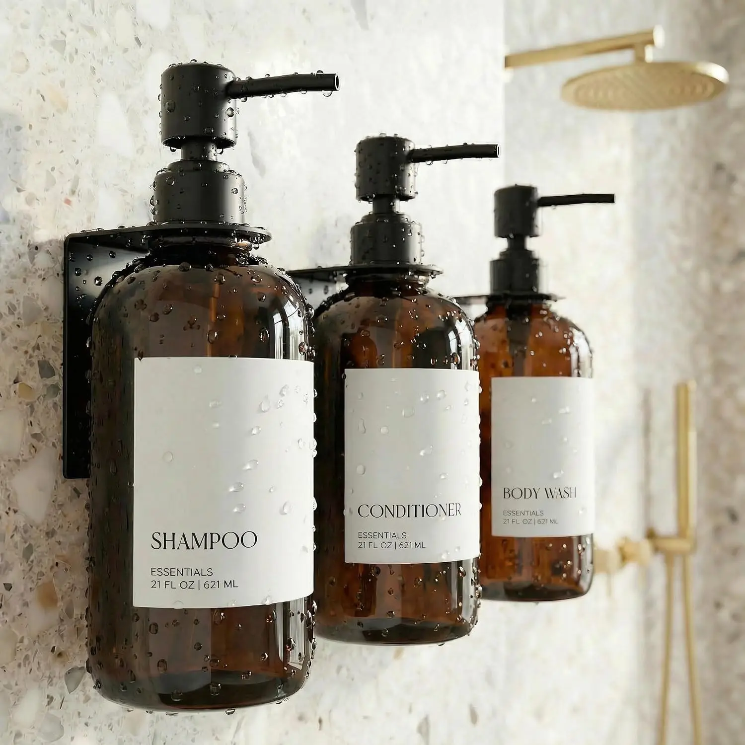 3-Piece Waterproof Metal Pump Shampoo & Conditioner Dispenser Set - Drill-Free Wall-Mount 21oz Decorative Shower Soap Bottles with Labels, Easy-Installation Easy-Refill Body Wash Dispensers for Bathroom Decor Upgrade