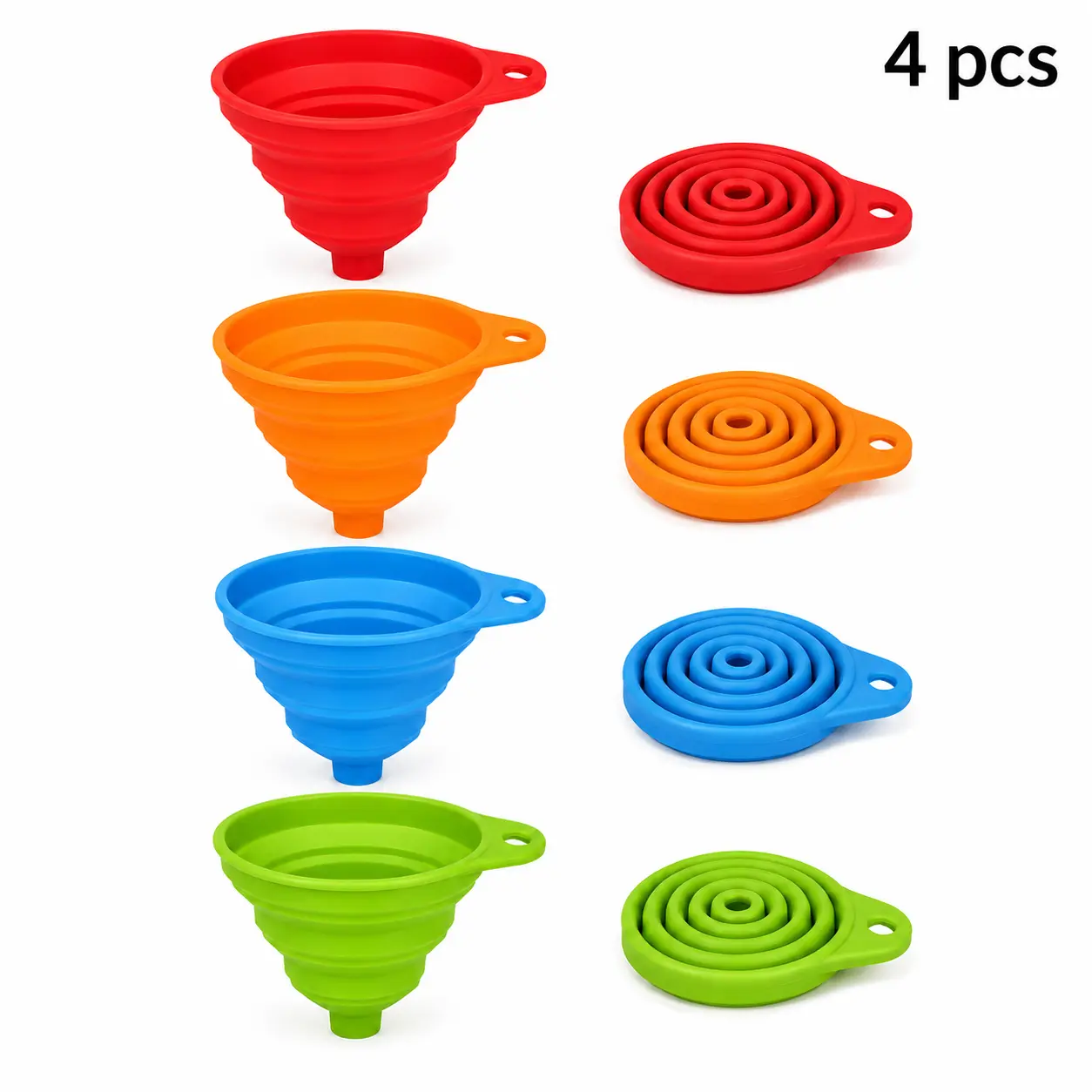 4 Pack Collapsible Silicone Funnels, Space Saving Portable Pour Tool for Water Bottles, Protein Powder, Sports Drinks, Camping and Travel Use
