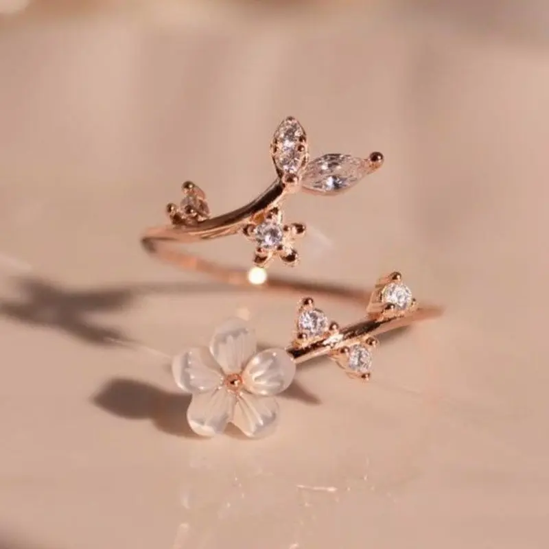 Fashionable Elegant Cherry Blossom Synthetic Zircon Open Ring, Simple Design, Versatile Women's Daily Commute Ring, Beautiful Rings, All Seasons