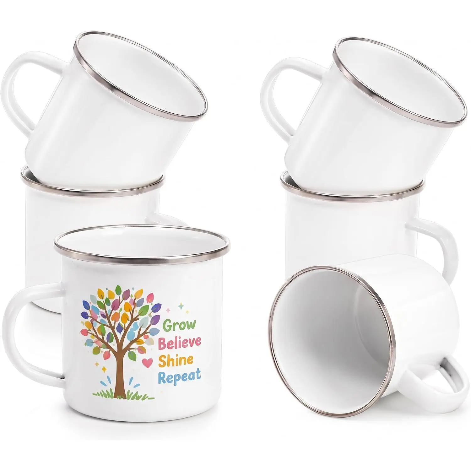 6 Pack Sublimation Blank White Enamel Mug, 12 OZ Coffee Mugs with  Rim Camping Travel Mug   Cup for Father’s Day, Thanksgiving, Graduation,