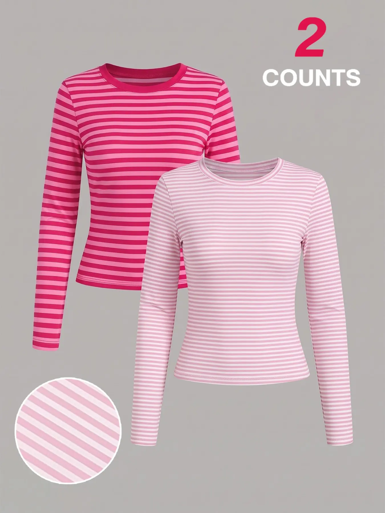 2 Pack Women Classic Pink Striped Long Sleeve Top Set, Soft Stretch Slim Fit Crew Neck Long Sleeve T Shirts, Millennium Y2K Hot Girl Streetwear With Sweet Cool Vibe, Perfect For Daily Shopping, Coffee Date And Street Shooting Outfits