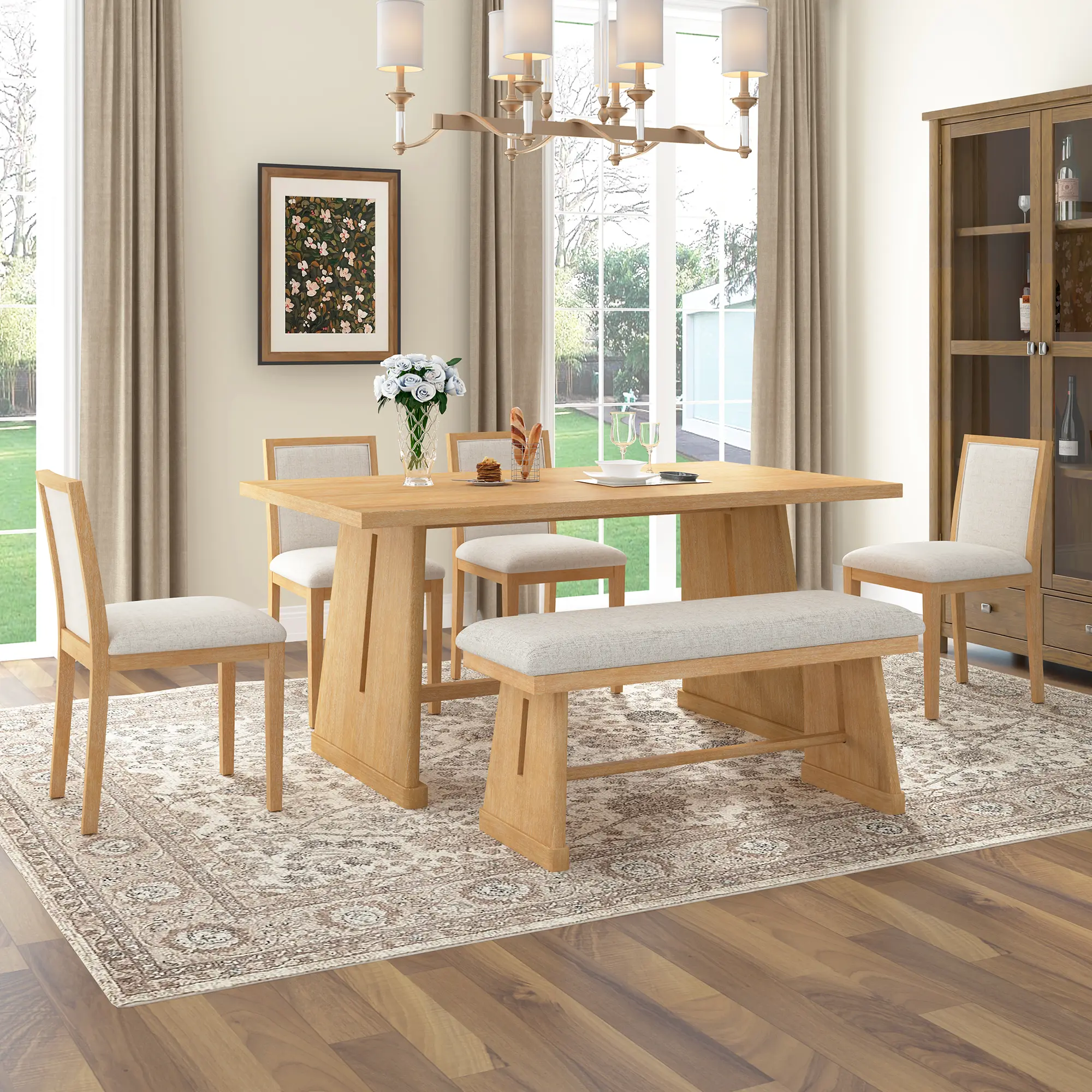 Nokaa 6-Piece Rustic Farmhouse Dining Table Set with Wire Brushed Wood Grain, Rectangular Table with Trapezoid Legs, 4 Upholstered Linen Chairs & Padded Bench for Dining Room Kitchen, Natural Solid Wood+MDF