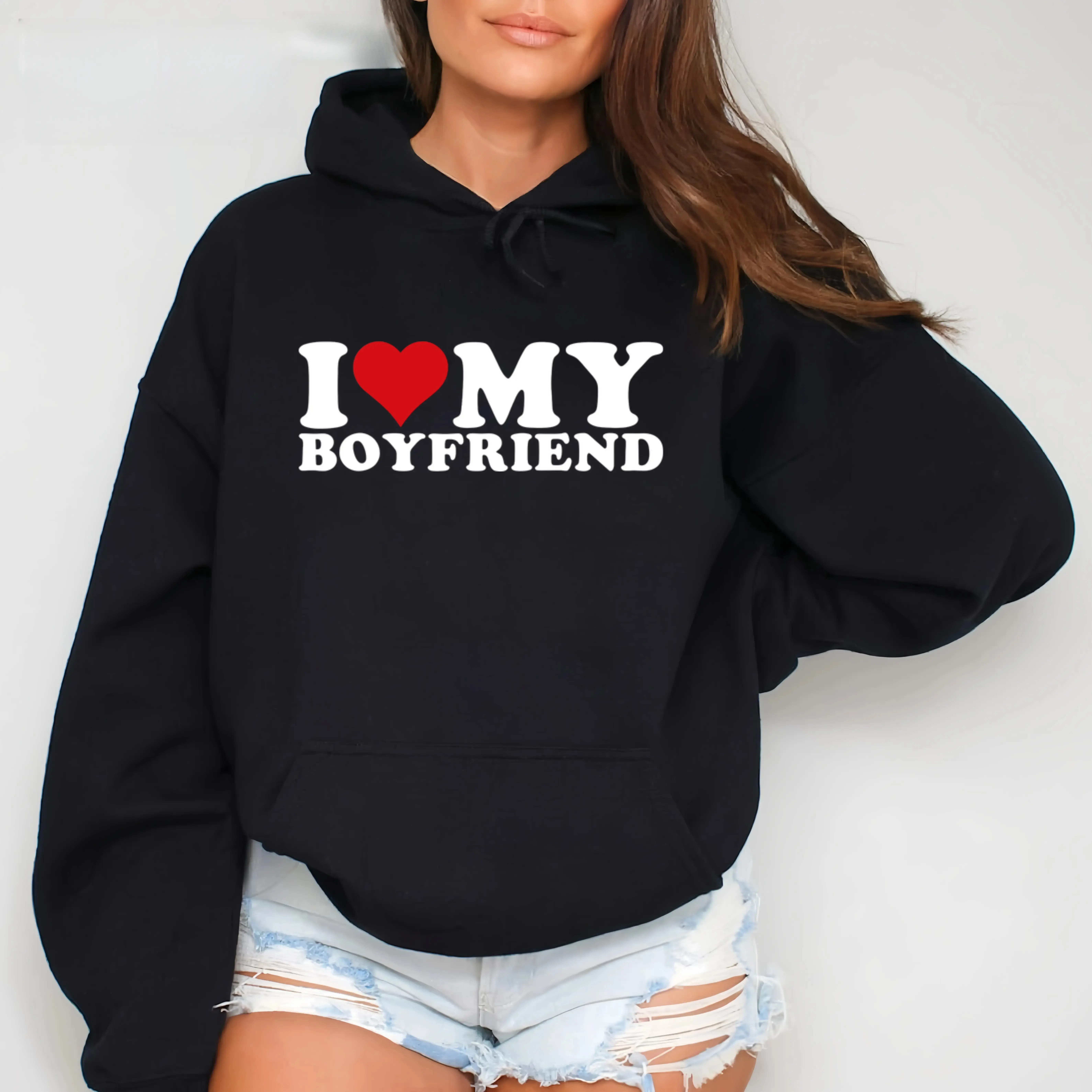 I Love My Boyfriend Heart Print Hoodie for Couples – Casual & Stylish Long Sleeve Fabric Womenswear Straight Sweatshirts Tops Pullover Soft