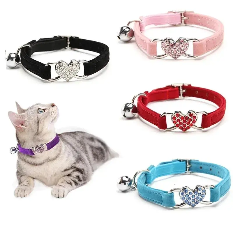 Soft Velvet Pet Collar - 8-Color, with Heart Charms, Bell, Safety Elastic, Adjustable Universal Fit for Small Dogs & Cats