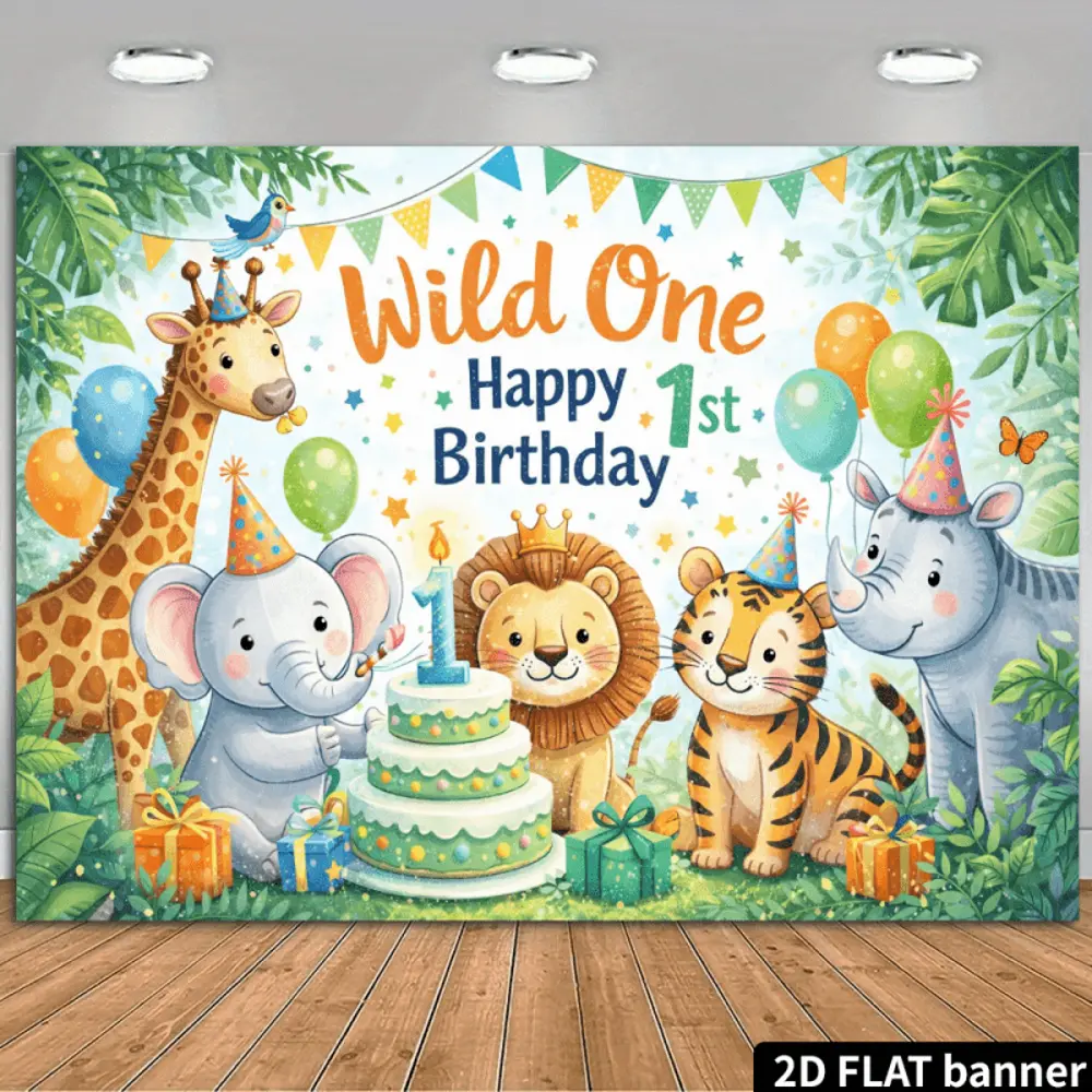 2D Flat Banner HD digitally printed polyester photography backdrop, wild one 1st happy birthday themed background cloth, soft lightweight foldable fabric, suitable for first birthday parties, photo booth displays, portrait photos,