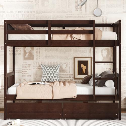 Bellemave】Twin Over Twin Rubber Wood Bunk Bed with 2 Drawers, Convertible into 2 Twin Beds, Twin Size Bunk Bed with Ladder and Safety Guardrails,Espresso