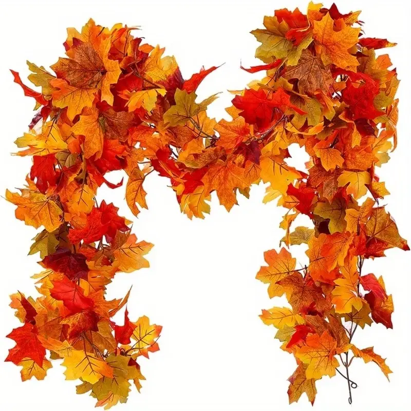 3 Maple Leaf Fall Wreaths, Artificial Hanging, Each 5.9 Feet Long, Perfect for Thanksgiving, Christmas, Halloween Decorations, Party Decor Supplies, Autumn Leaf Wreaths