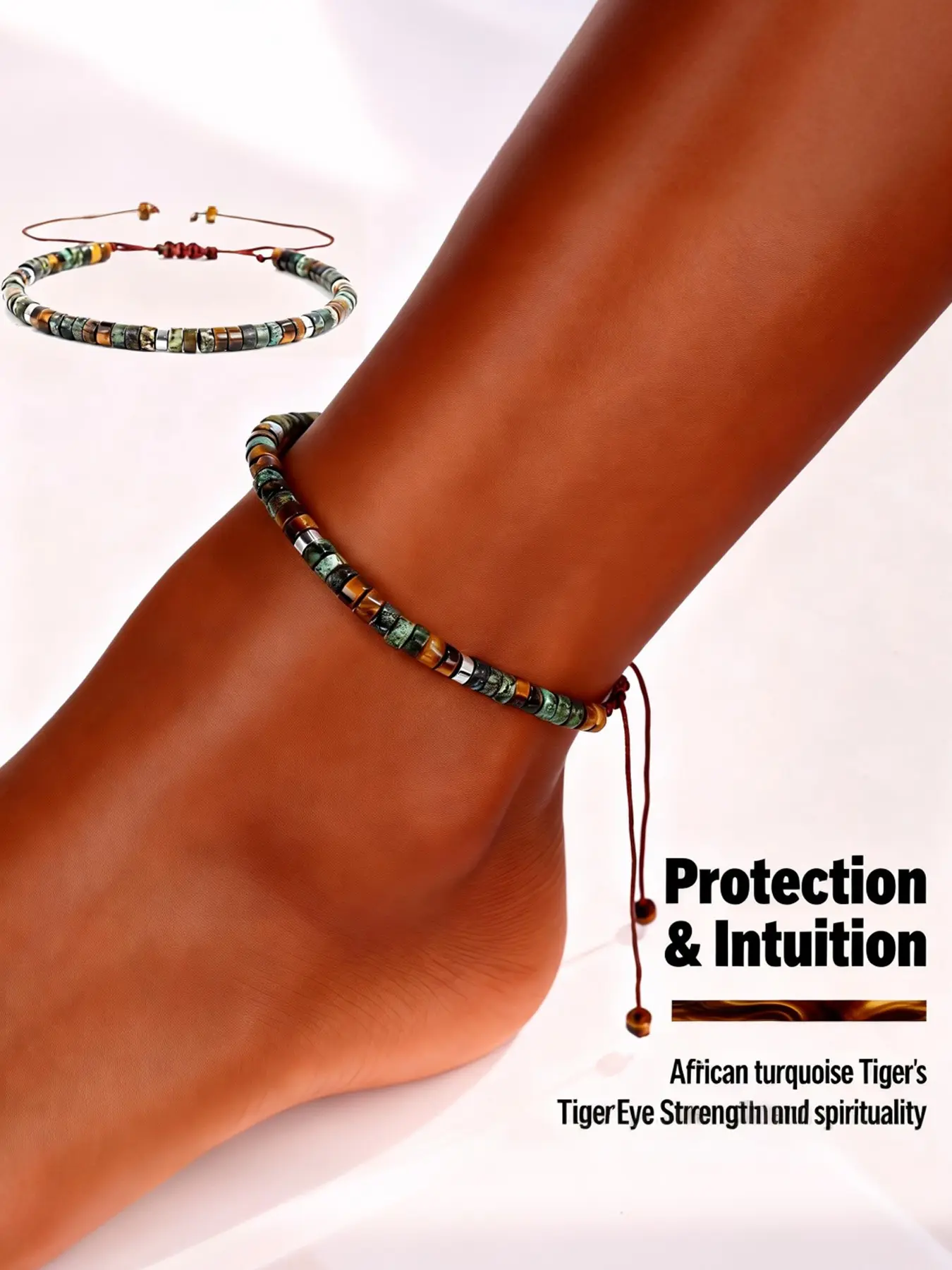 Protection & Strength - Natural Tiger's Eye & African Turquoise Braided Wheel Beads Anklet Ankle Bracelet