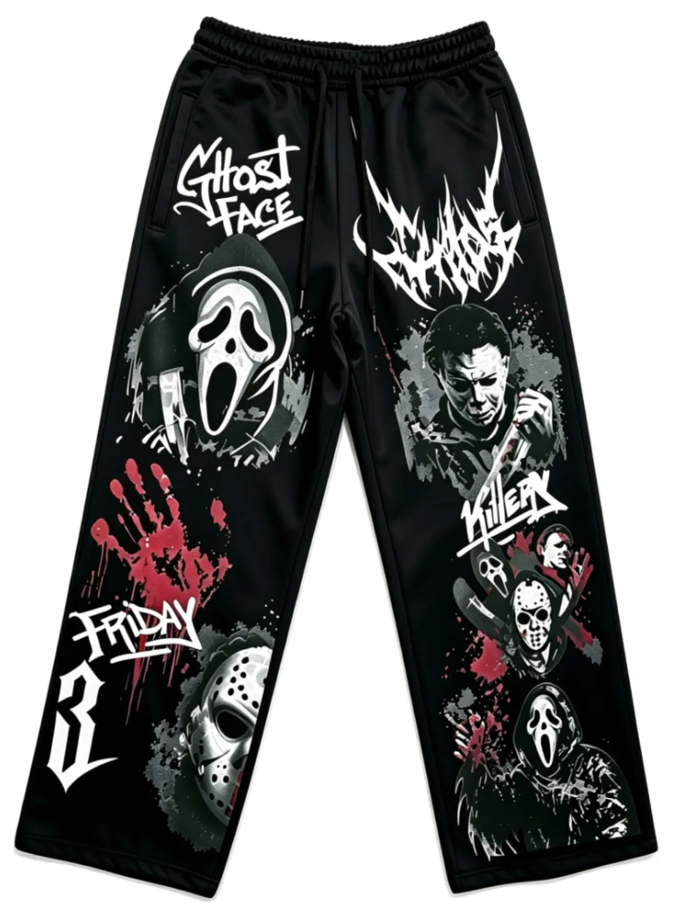 Halloween Blood Handprint Print Sweatpants, Friday the 13th Horror Villain Ghost Face Collection, Loose Straight Drawstring Sports Long Pants