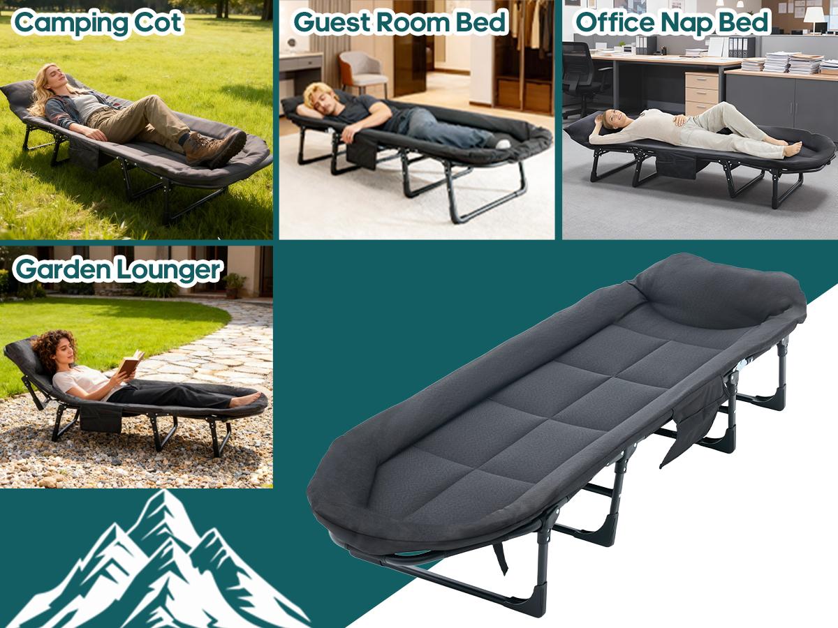 Camping Cot for Adults, 6-Angle Adjustable Folding Camping Bed with Mattress, Lightweight & Portable for Camping, Office, Outdoor, Supports 450 lbs with Carry Bag