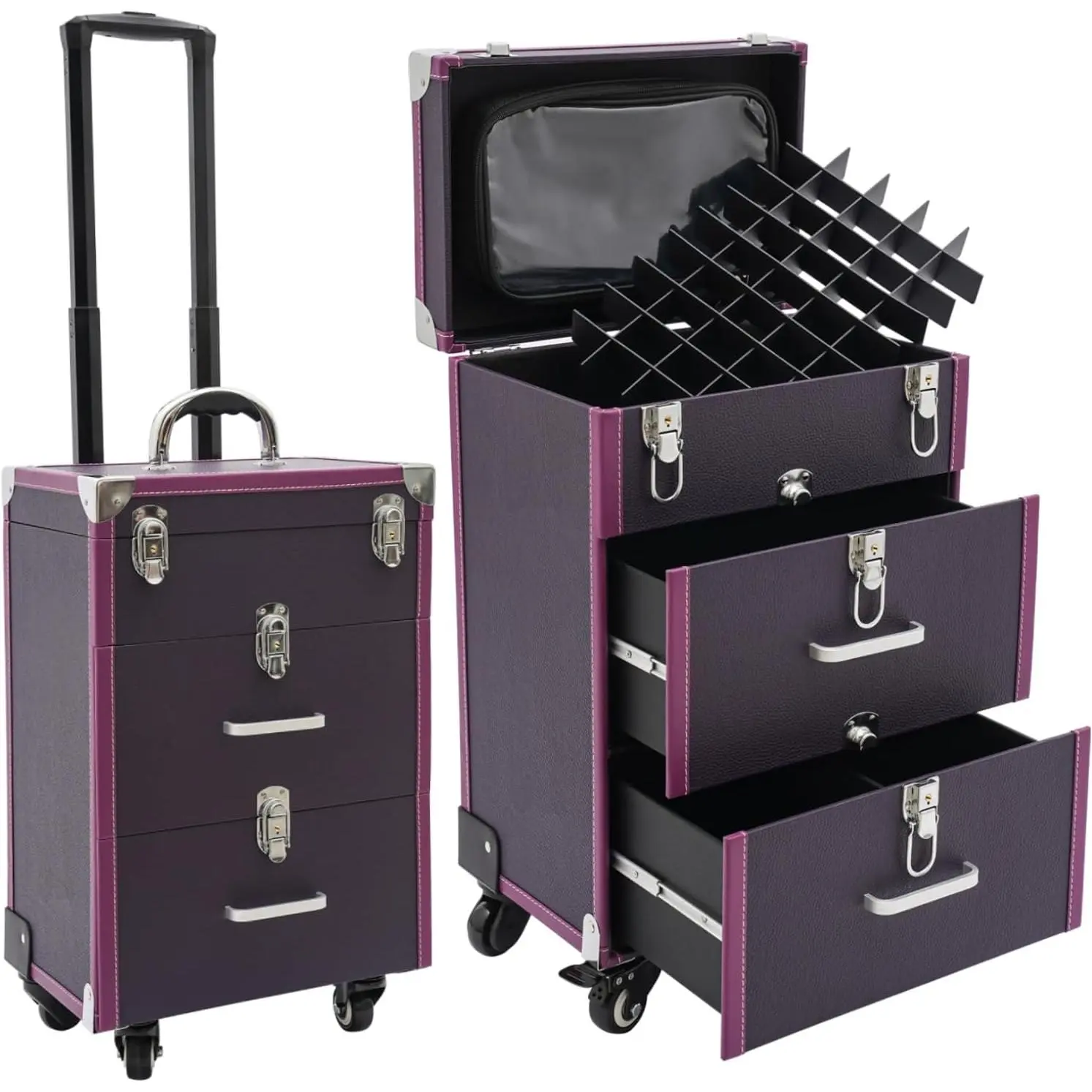 Large Capacity Rolling Cosmetic Case, Travel Trolley Case Mobile Storage Box, Multifunctional Makeup Train Case, Portable Tool Organizer with Lock and Universal Wheels for Beauty Salon Nail (Purple)